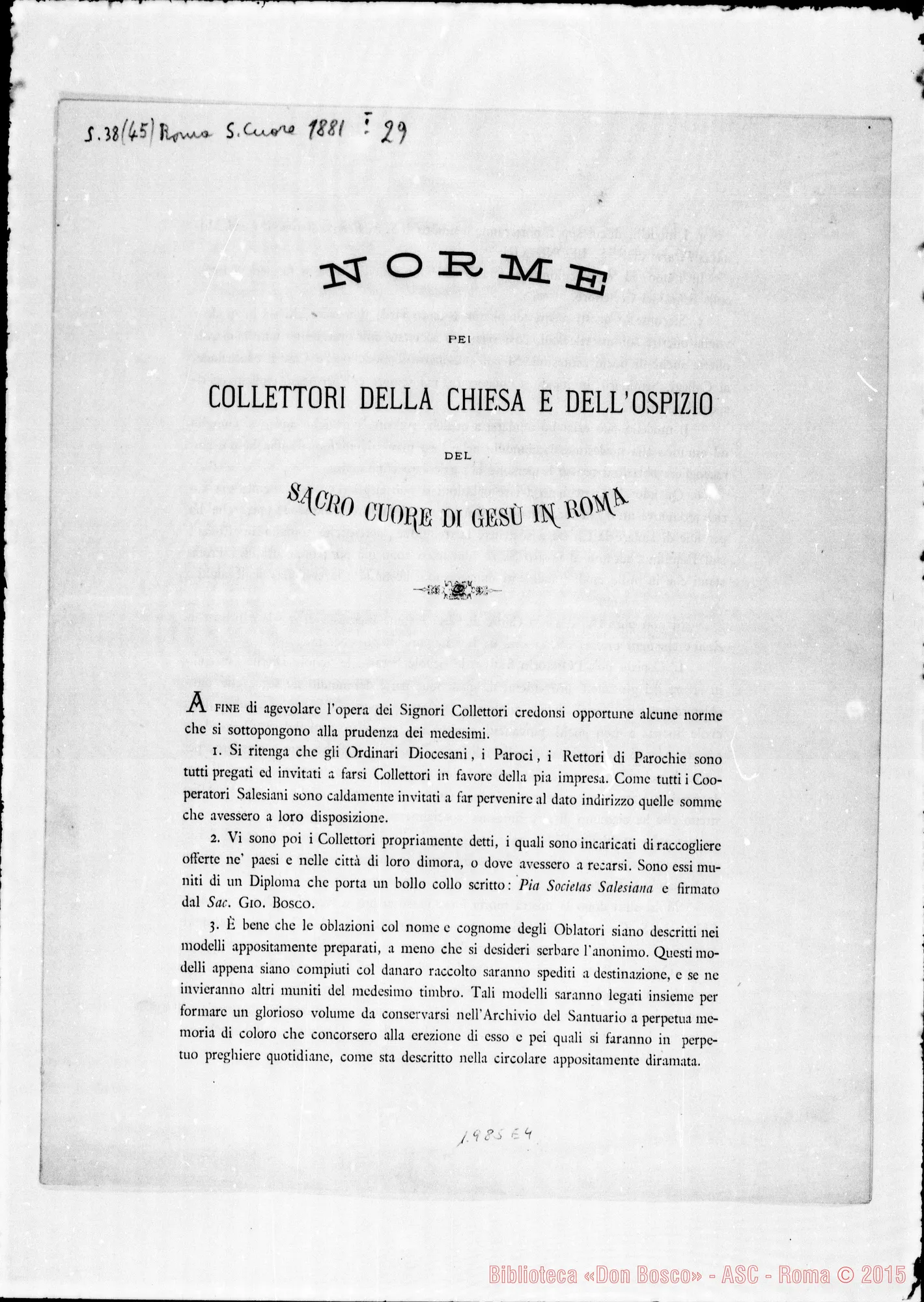 Fotogramma E 4 — «Norme pei collettori della Chiesa…» Circolare stampata. Cfr. originale ms. autogr. di D Bosco alla posizione 1.984 A 5