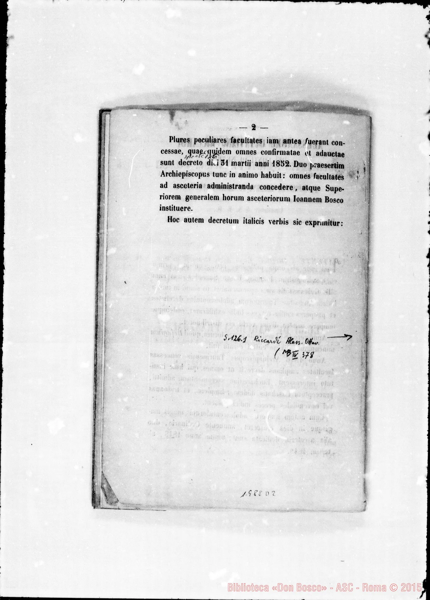 Fotogramma D 2 — Notitia Brevis. Stampato con correz. autogr. Bosco. (ASC 133) sul nome «autografi-notitia brevis»