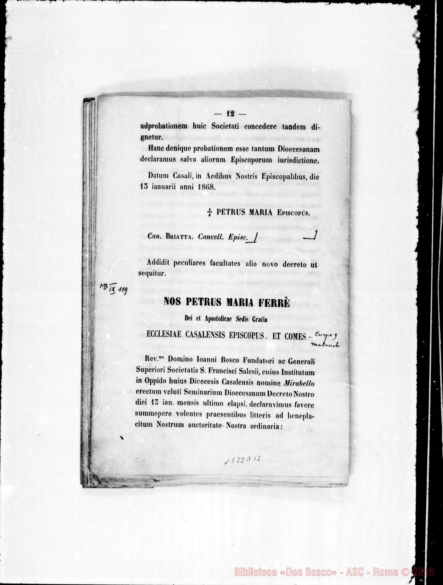 Fotogramma D 12 — Notitia Brevis. Stampato con correz. autogr. Bosco. (ASC 133) sul nome «autografi-notitia brevis»