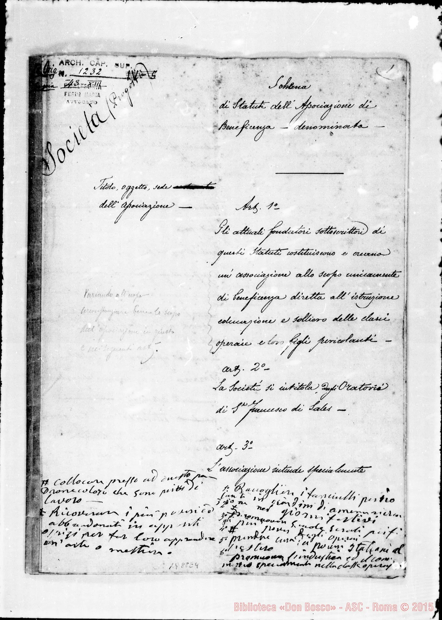 Fotogramma E 4 — 4.. Intorno alla CHIUSURA DELLE SCUOLE A VALDOCCO. Schema di Statuti dell’Associazione di Beneficenza. Ms. con correz. autogr. Bosco. (ASC 132) sul nome «autografi-Società Salesiana)