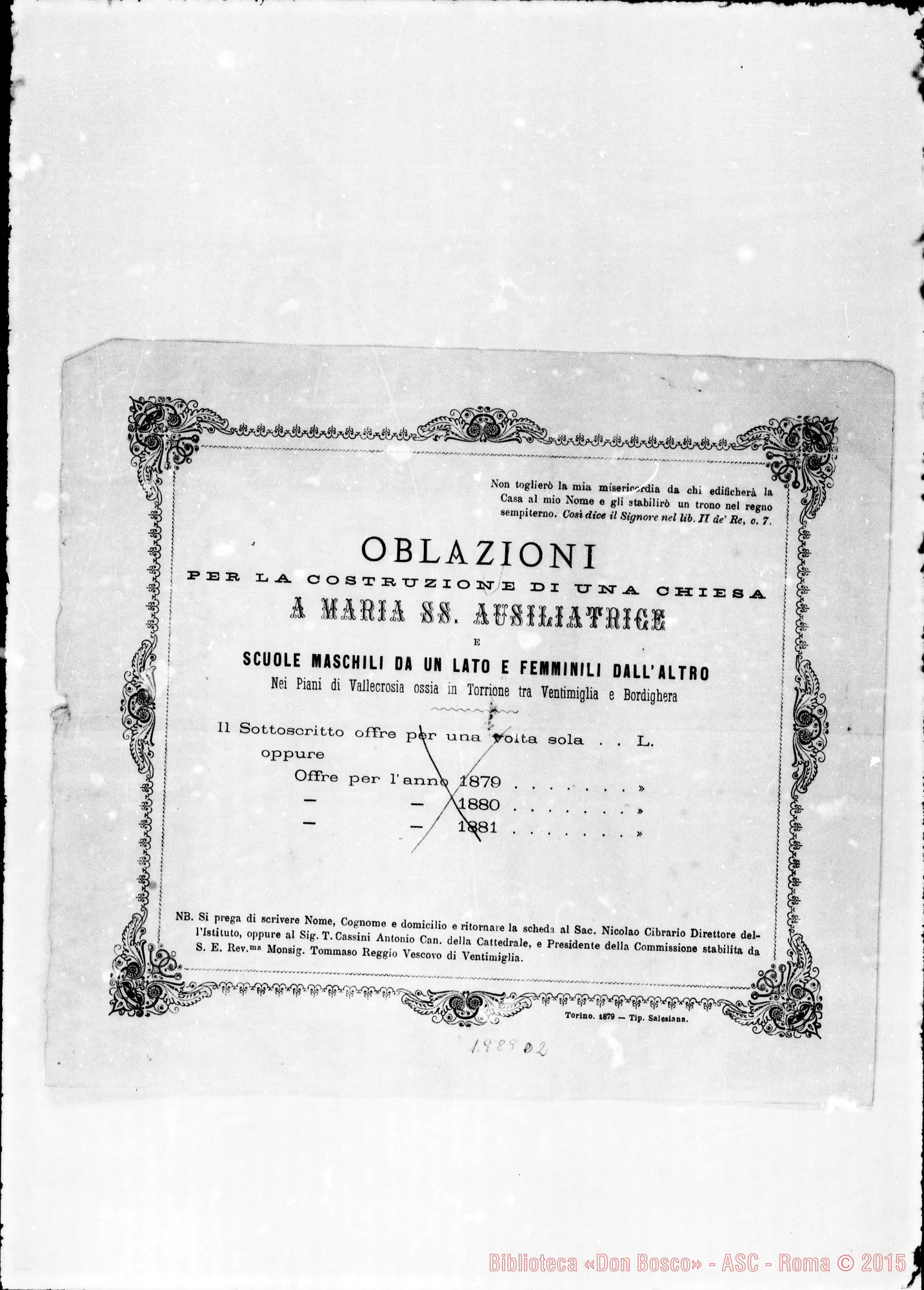 Fotogramma D 2 — Oblazioni per la costruzione della Chiesa. Stampato. (ASC 132) sul nome « autografi-sottoscrizioni »