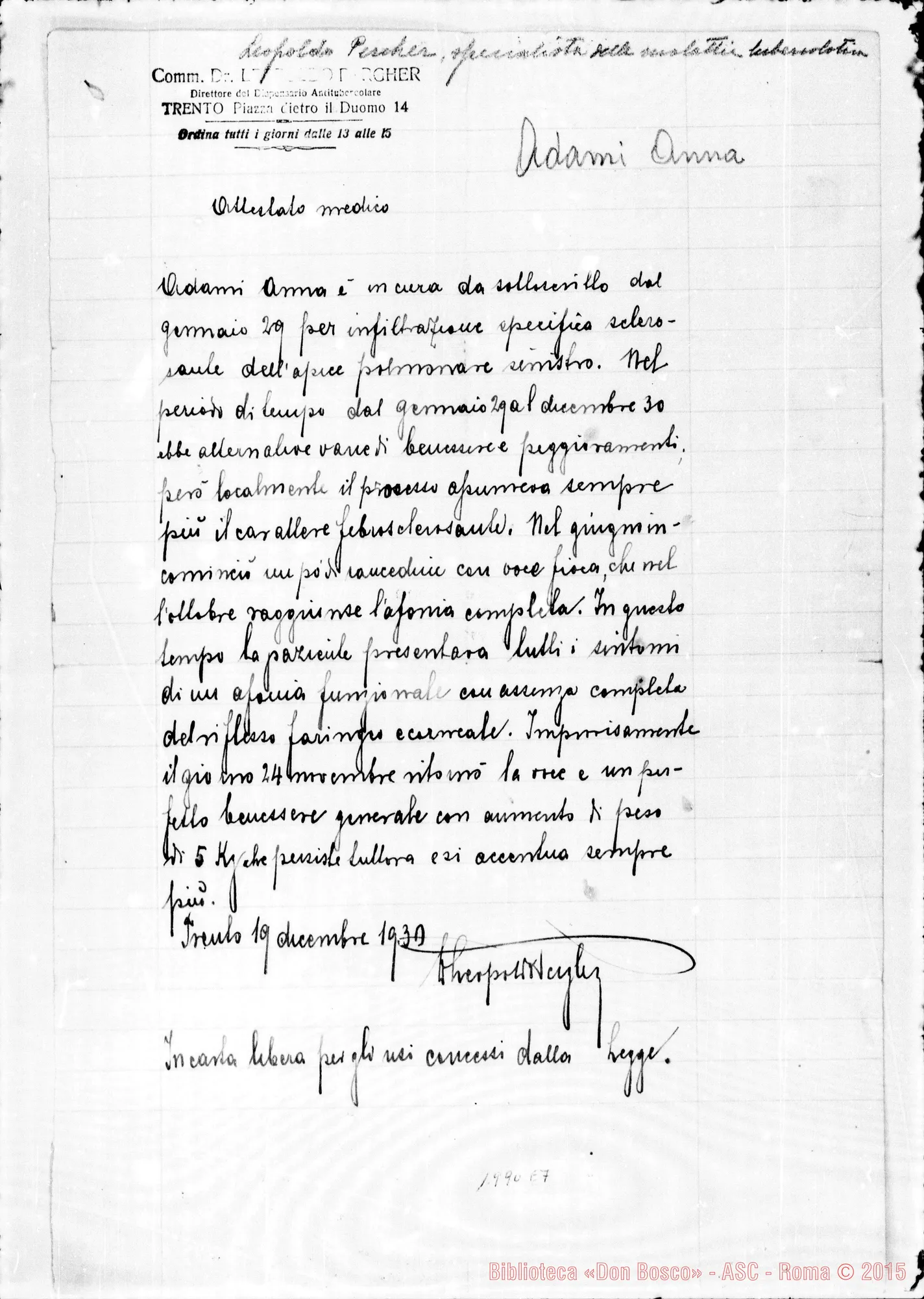 Fotogramma E 7 — Adami Anna: Attestato medico. Dott. Leopoldo Percher