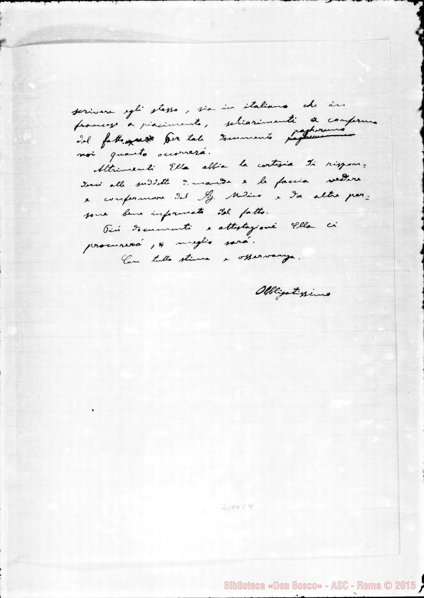 Fotogramma C 4 — Minuta di lettera da Direz. Gen. Op.-Sor Maria Generosa