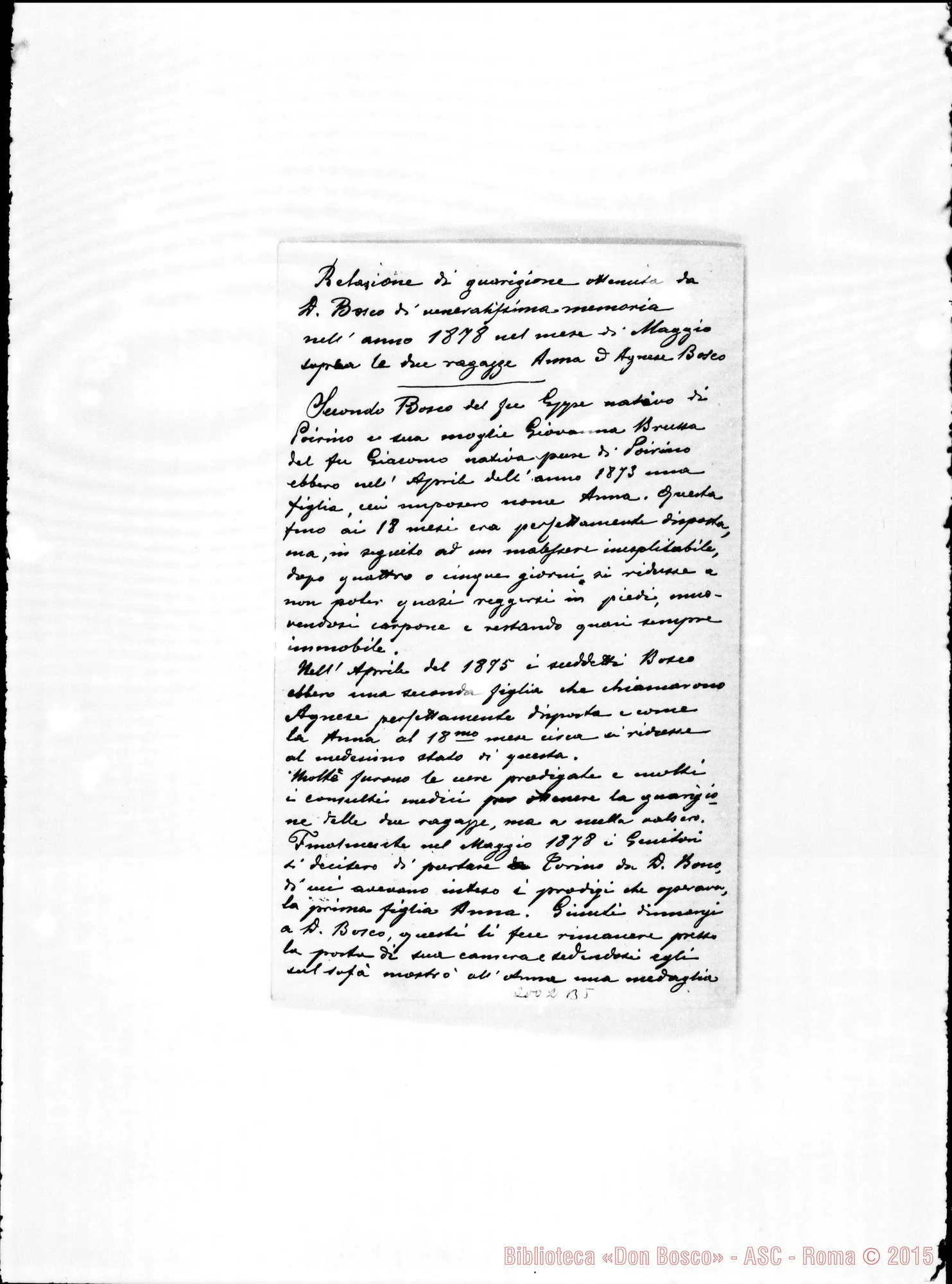 Fotogramma B 5 — Bosco Anna Agnese: «Relazione di guarigione ottenuta da D. Bosco…»