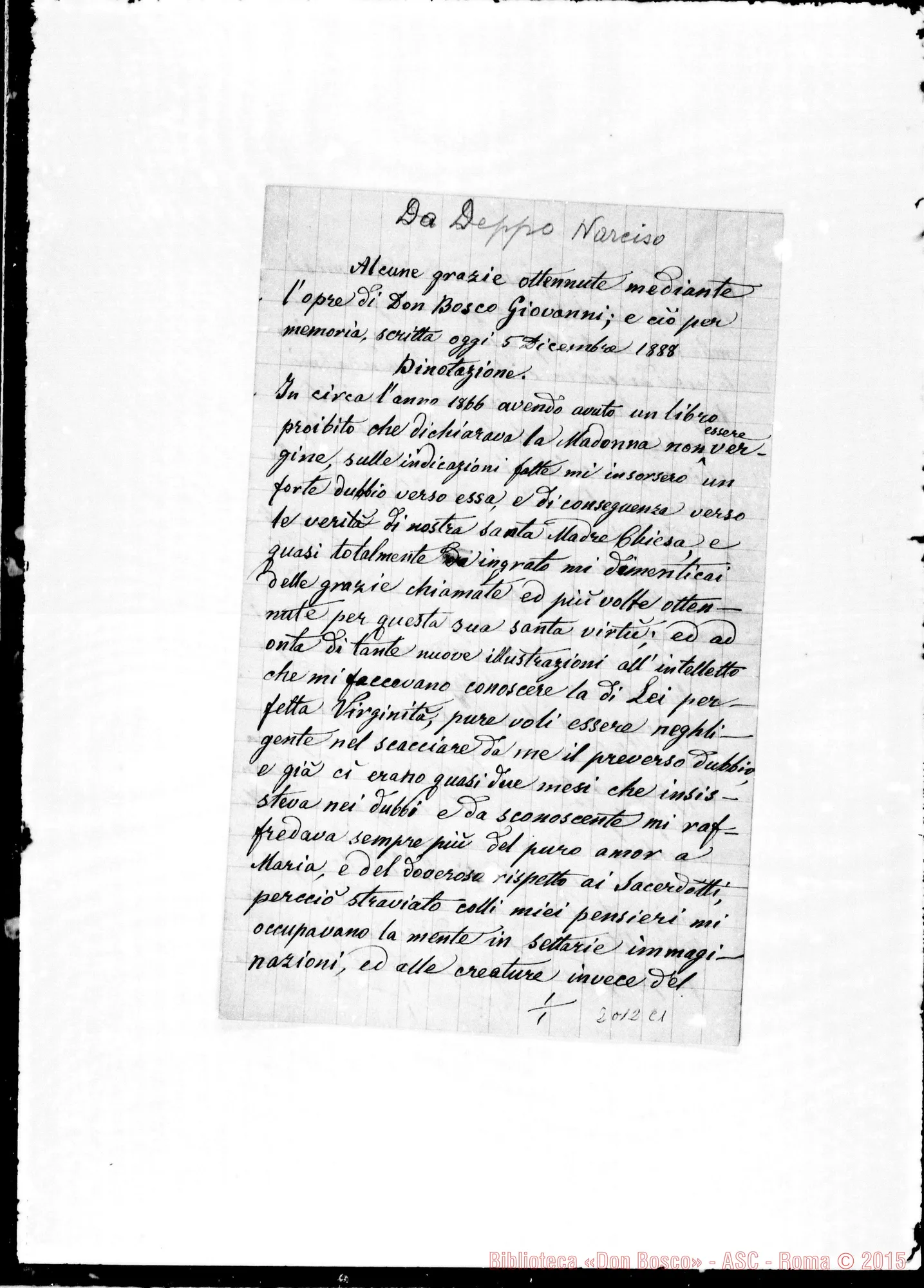 Fotogramma C 1 — Da Deppo Narciso: «Alcune grazie ottenute mediante l’opere di D. Bosco»