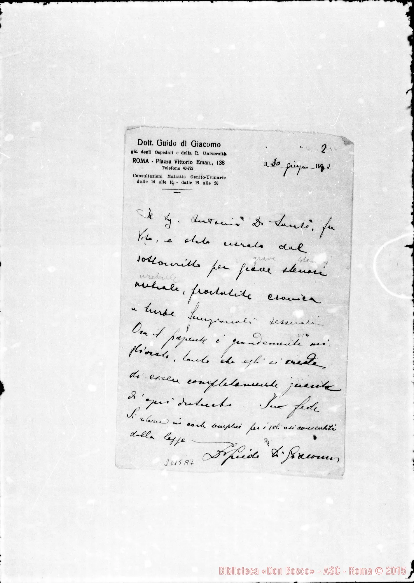Fotogramma A 7 — Di Santo Antonio: Dott. Guido di Giacomo: Attestato