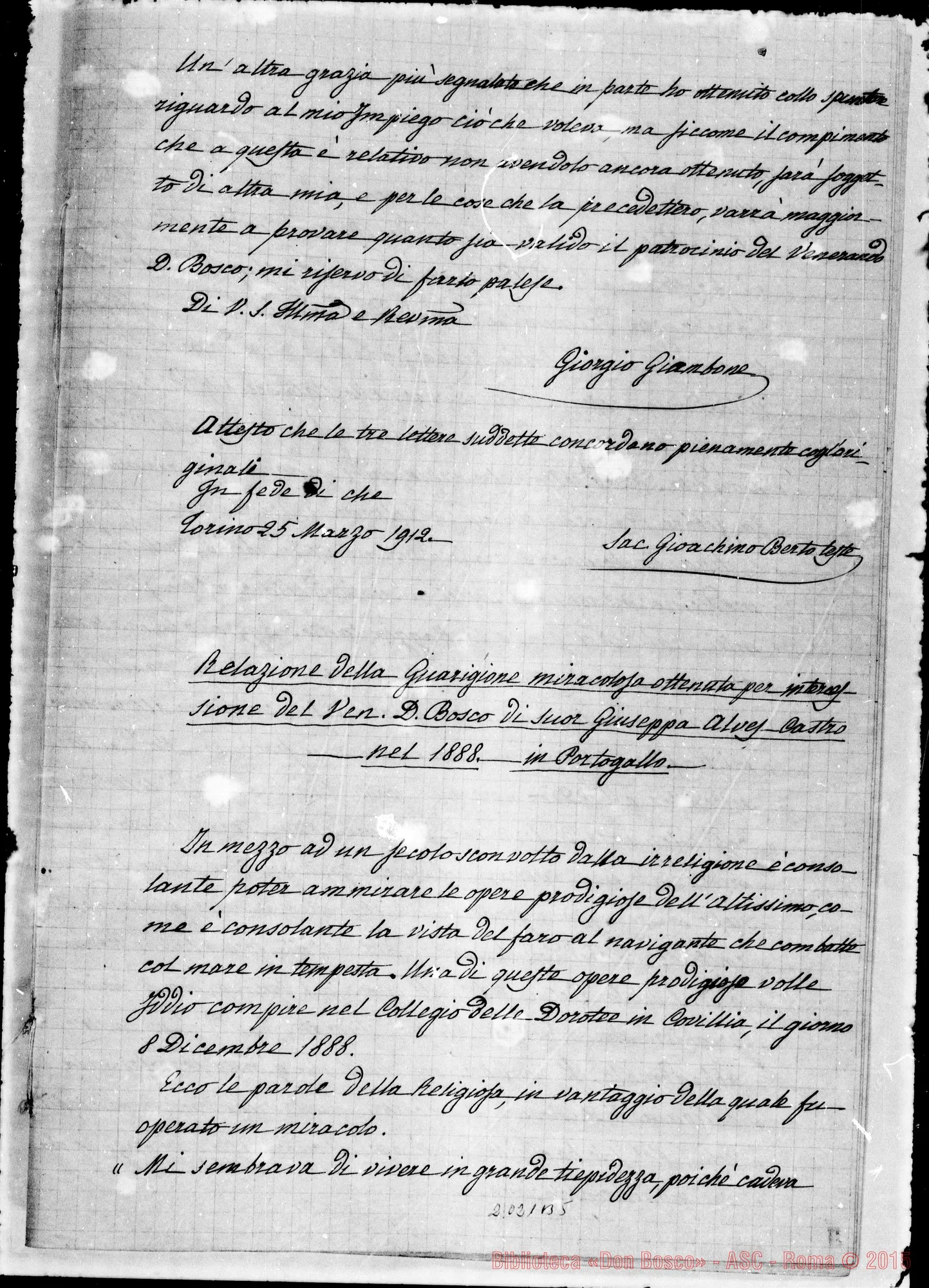 Fotogramma B 5 — Giambone Giorgio: «Copia conforme agli originali…» Ms. di D. Berto