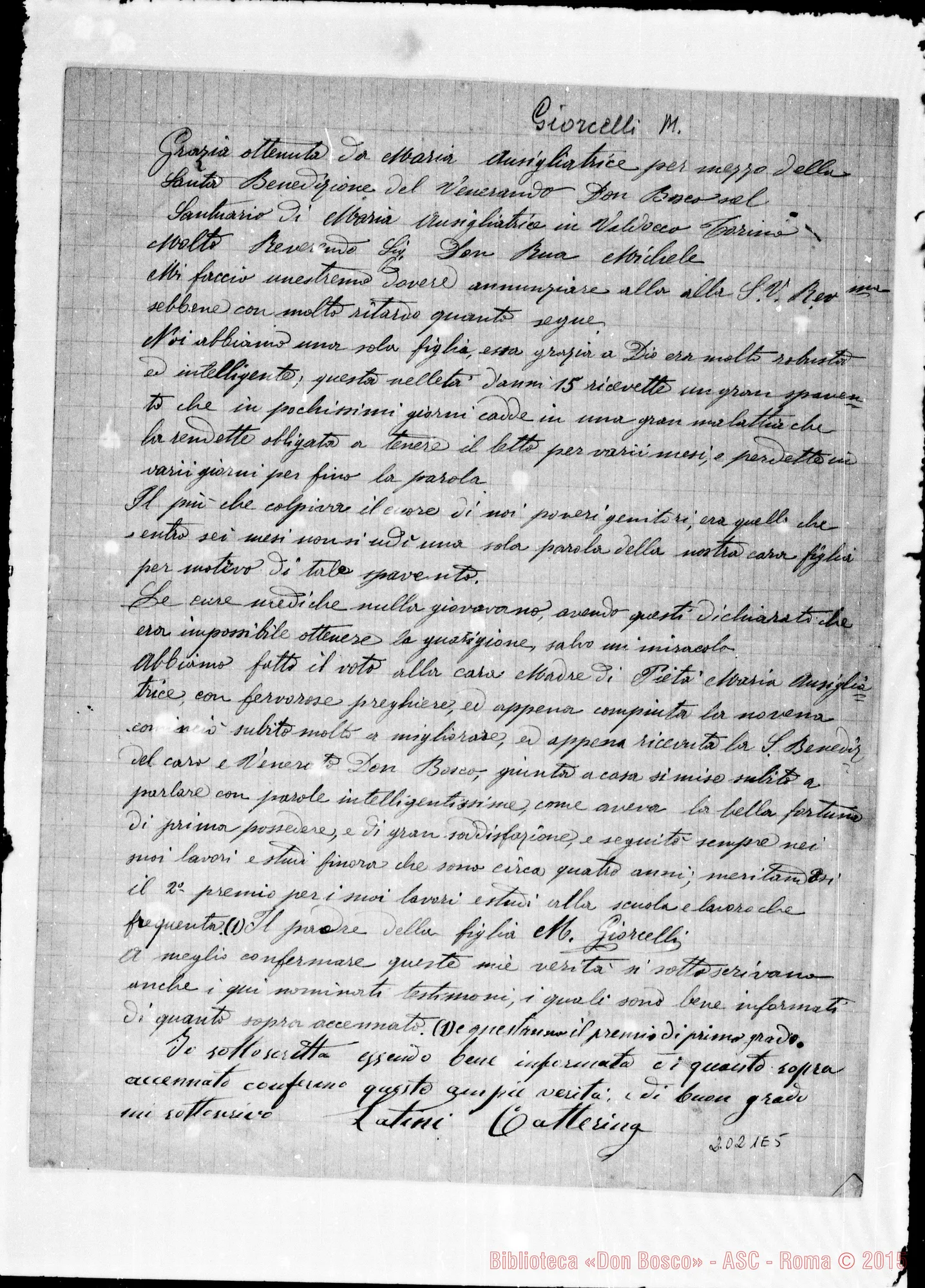 Fotogramma E 5 — Giorcelli M.: «Grazia ottenuta da Maria Ausil. per mezzo…»