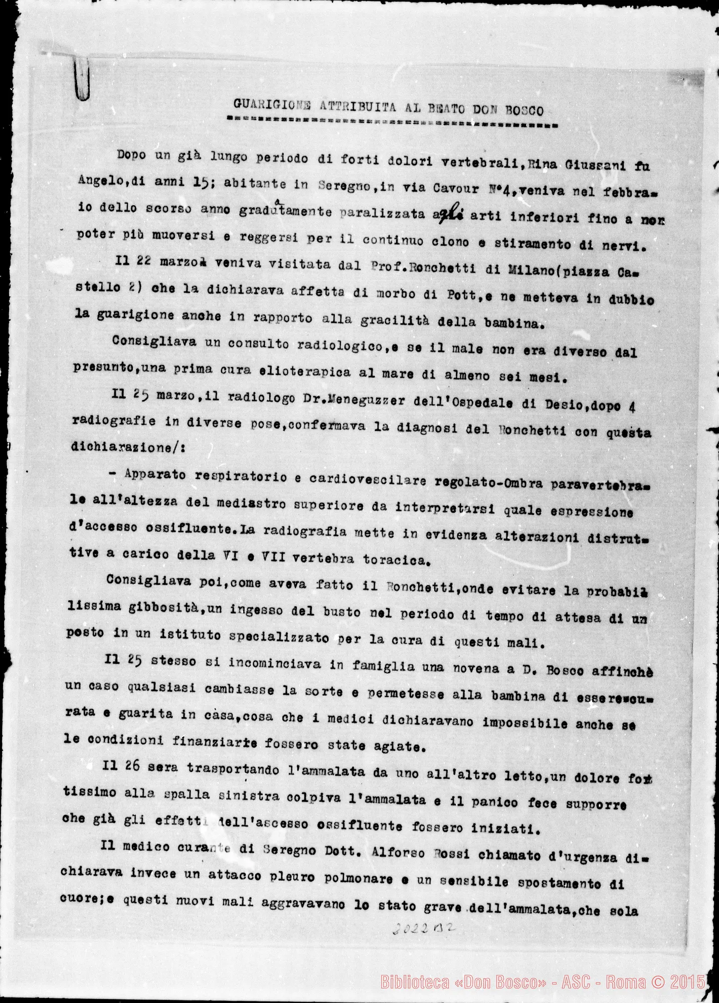 Fotogramma B 2 — Guarigione attribuita al Beato D. Bosco. Rina Giussani