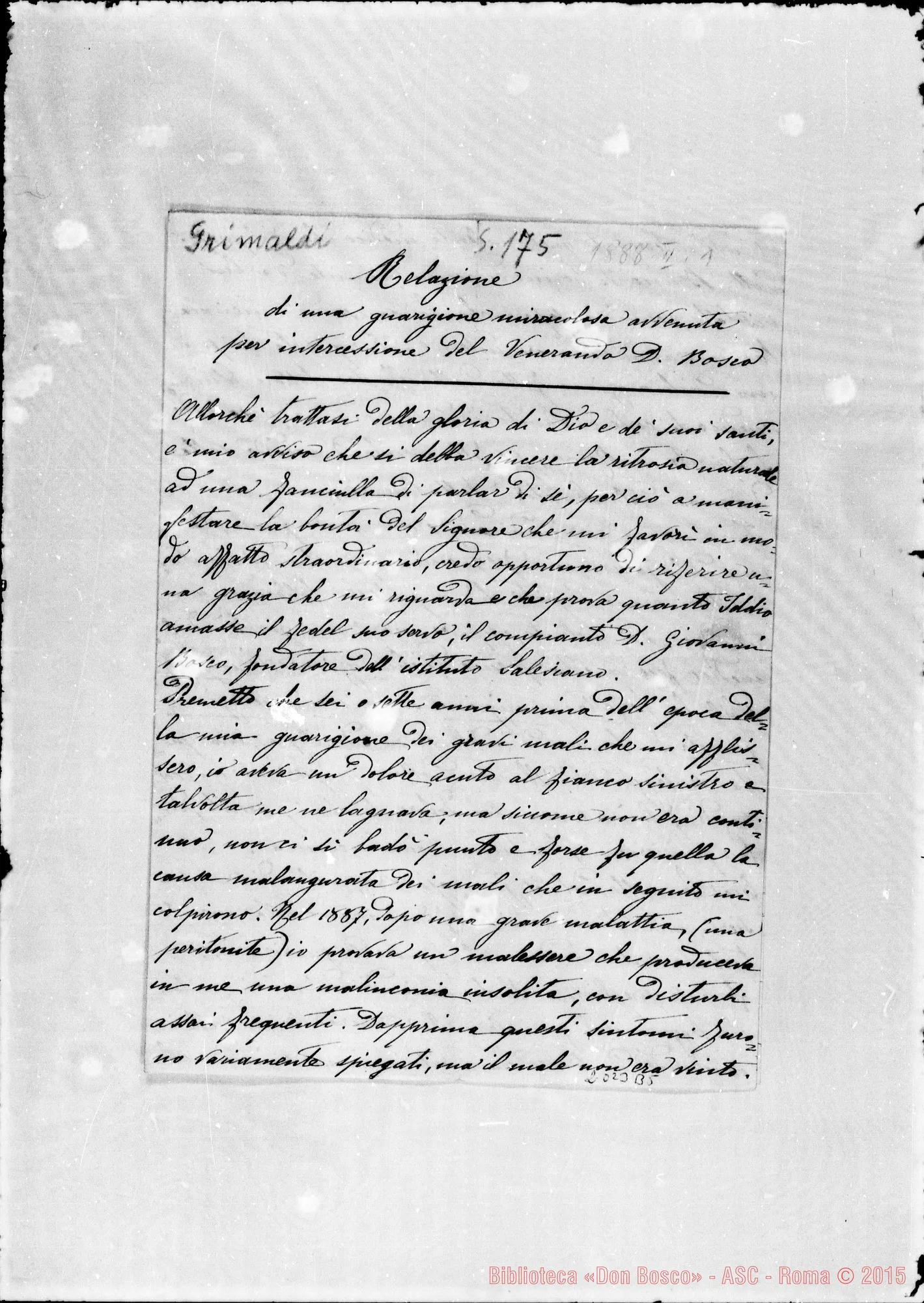 Fotogramma B 5 — Grimaldi Enrichetta: «Relazione di una guarigione miracolosa avvenuta…»