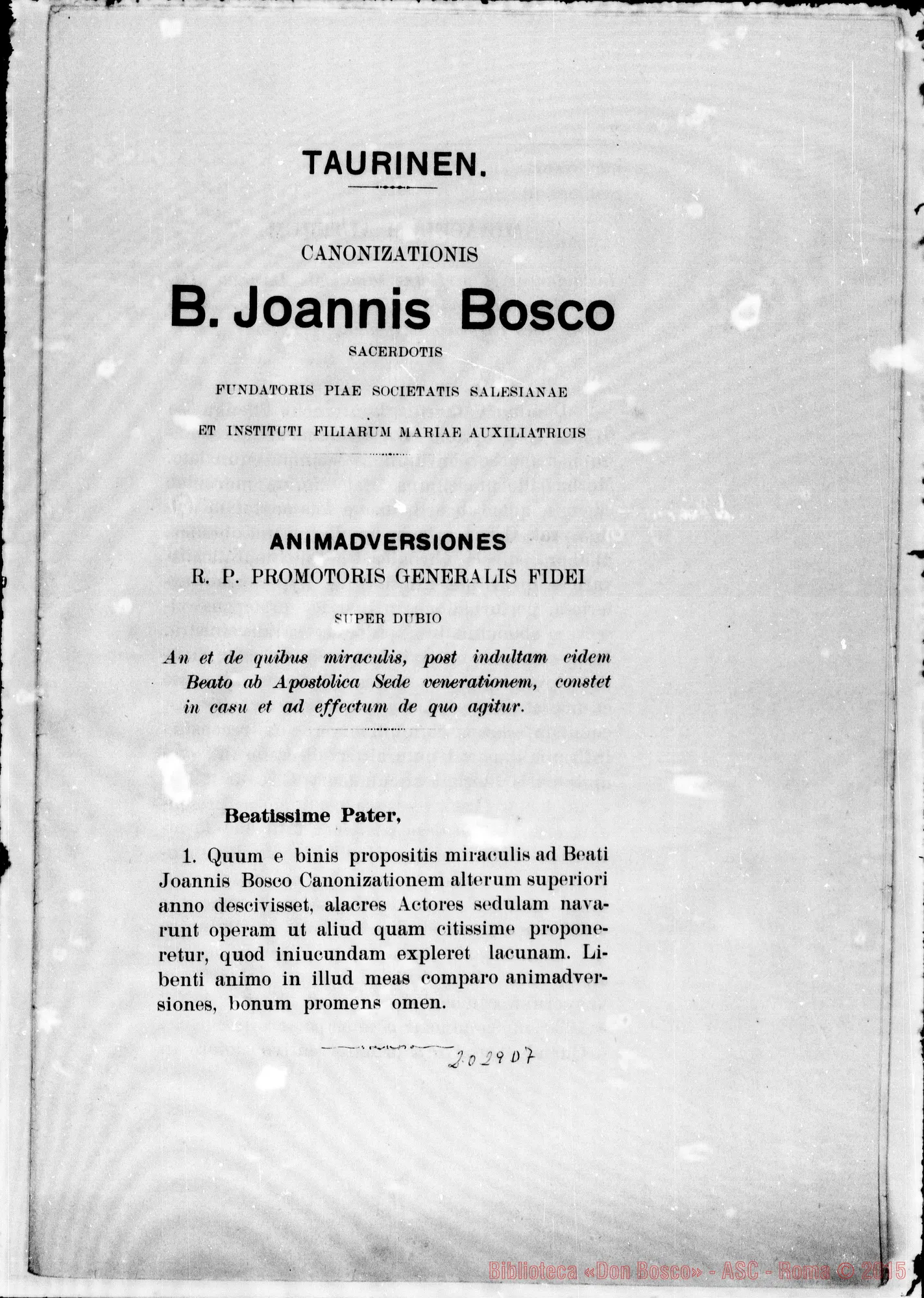 Fotogramma D 7 — Taurinen. Canonizationis B. Joannis Bosco. Animadversiones