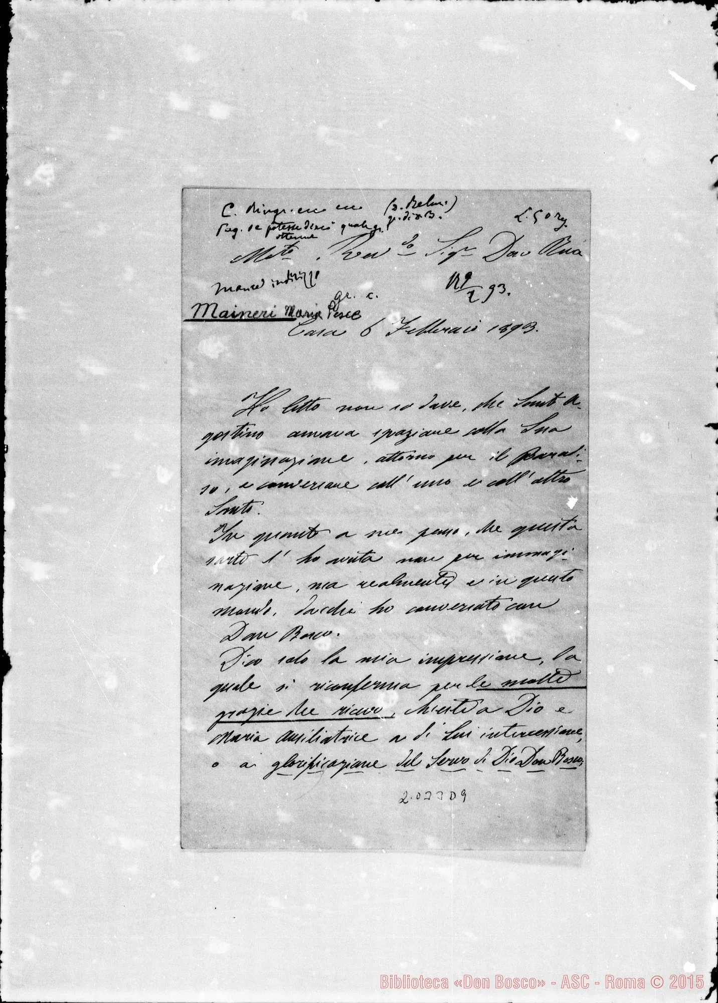 Fotogramma D 9 — Maineri Maria Pesce: «…si conferma per le molte grazie che ricevo…»