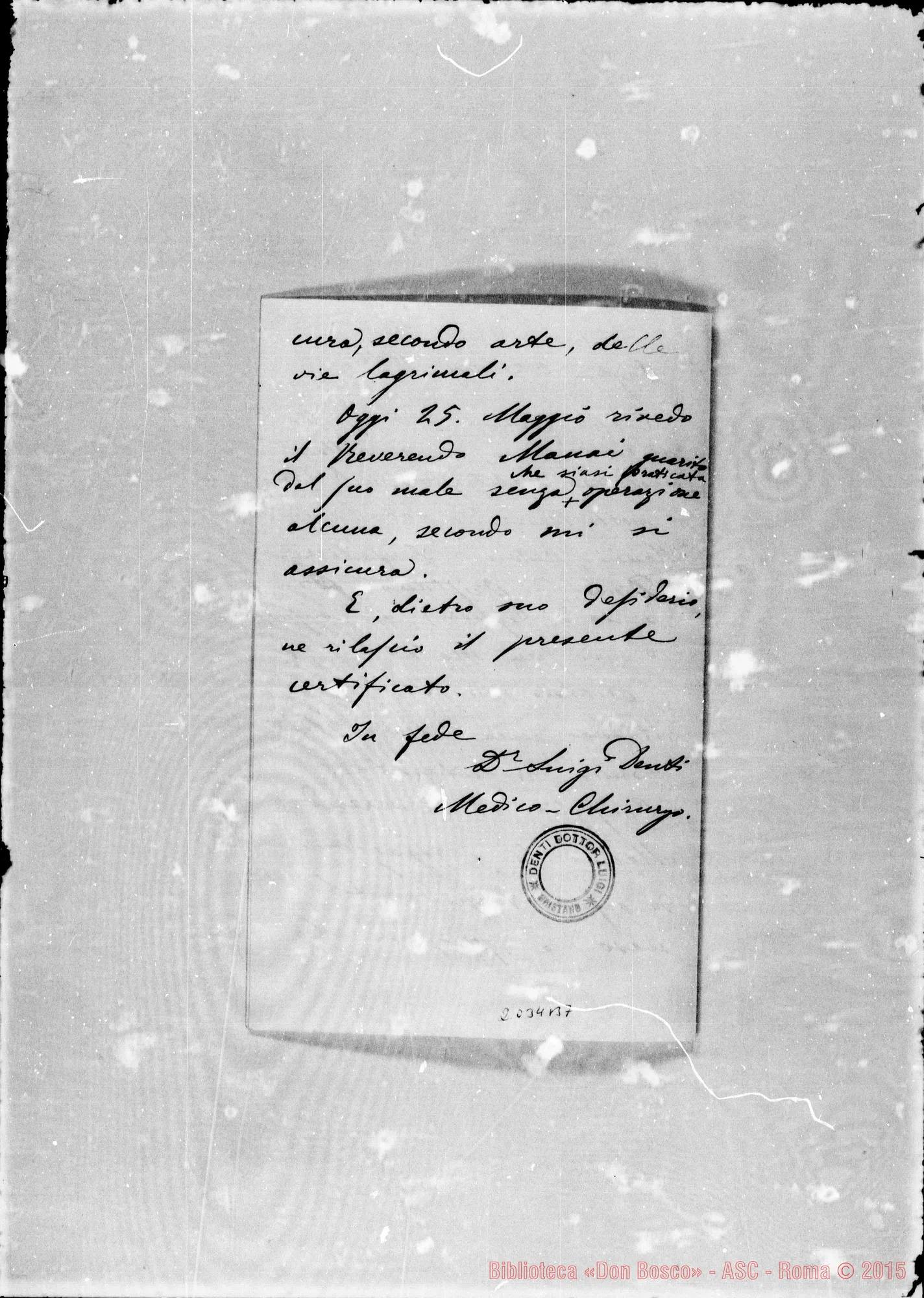 Fotogramma B 7 — Manai Giuseppe: Dott. Luigi Denti: Attestato