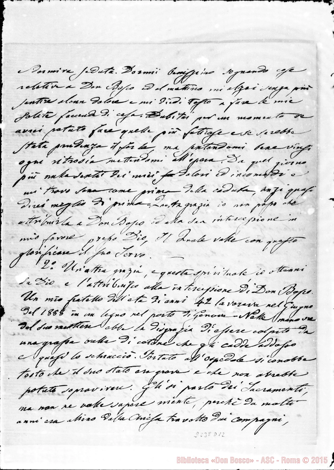 Fotogramma D 12 — Morando Nicoletta: D. Francesco Bigone: Lettera E relazione A D. Rua
