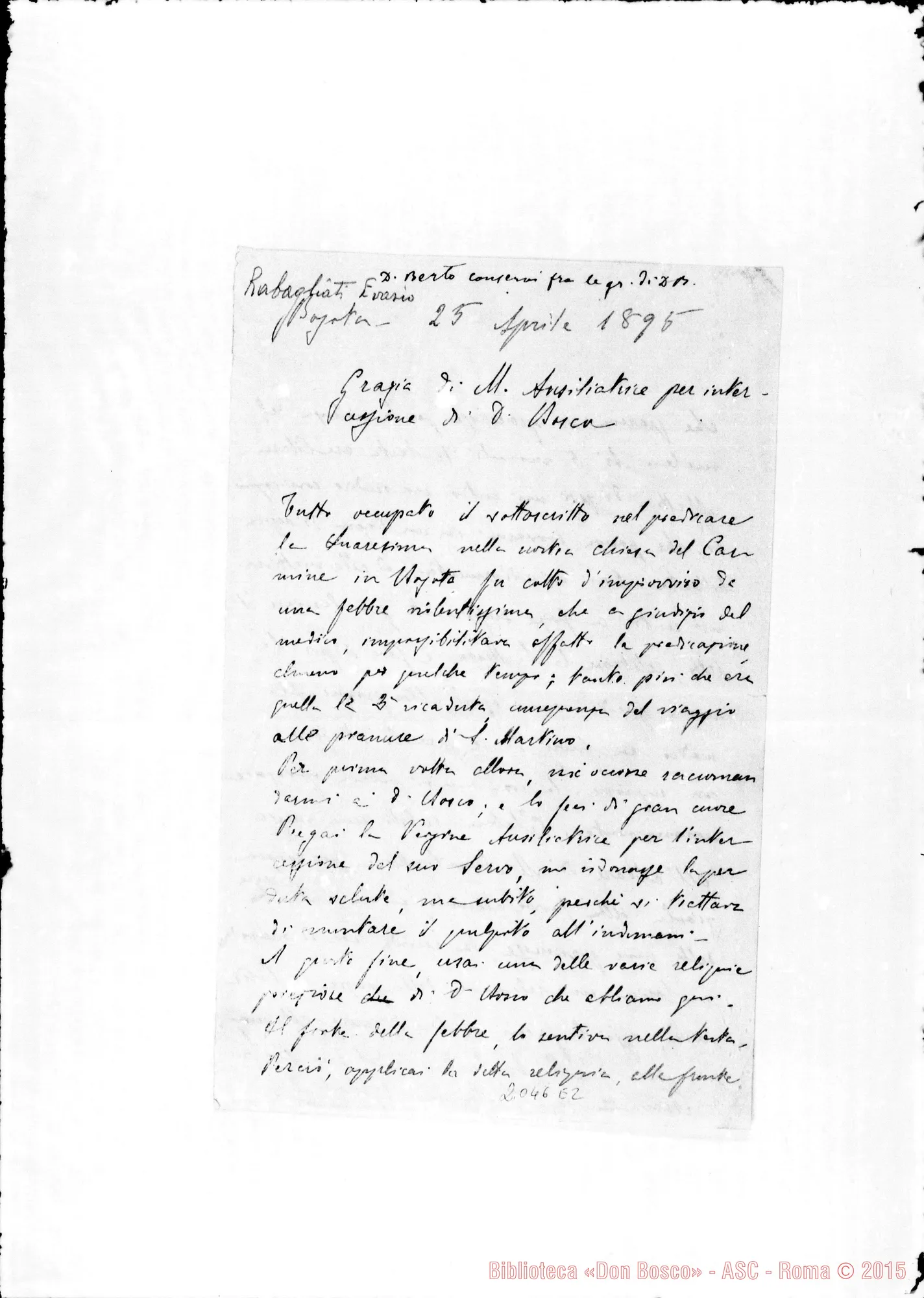 Fotogramma E 2 — Rabagliati Evasio: «Grazia di M. Ausil. per intercessione di D. Bosco»