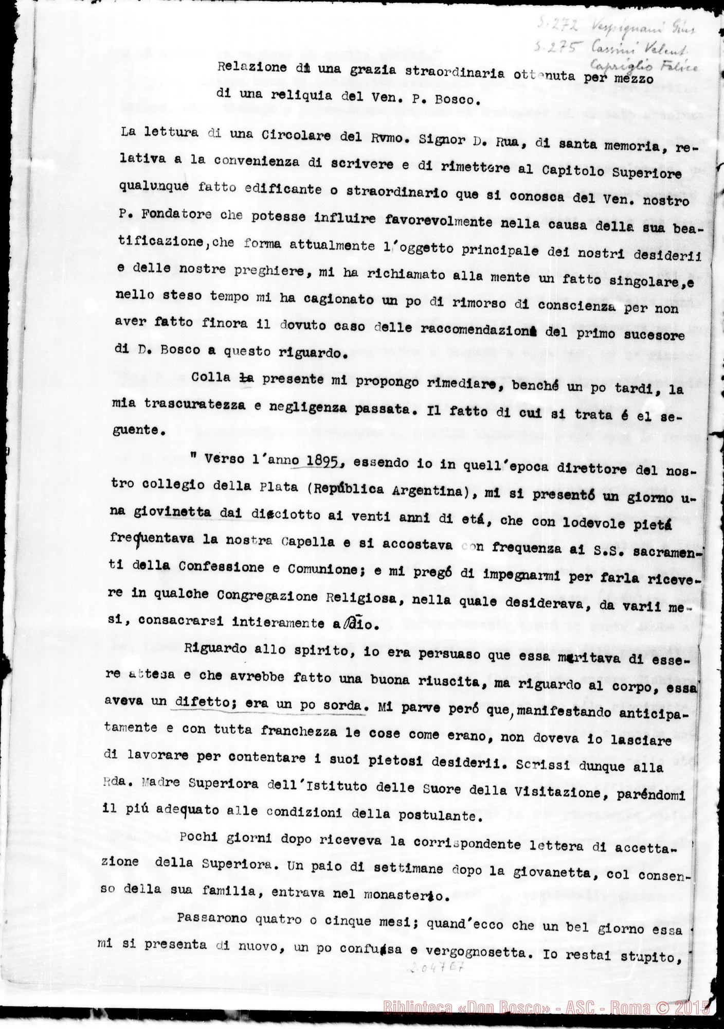 Fotogramma E 7 — Rochat Angela: «Relazione di una grazia straordinaria ottenuta…»