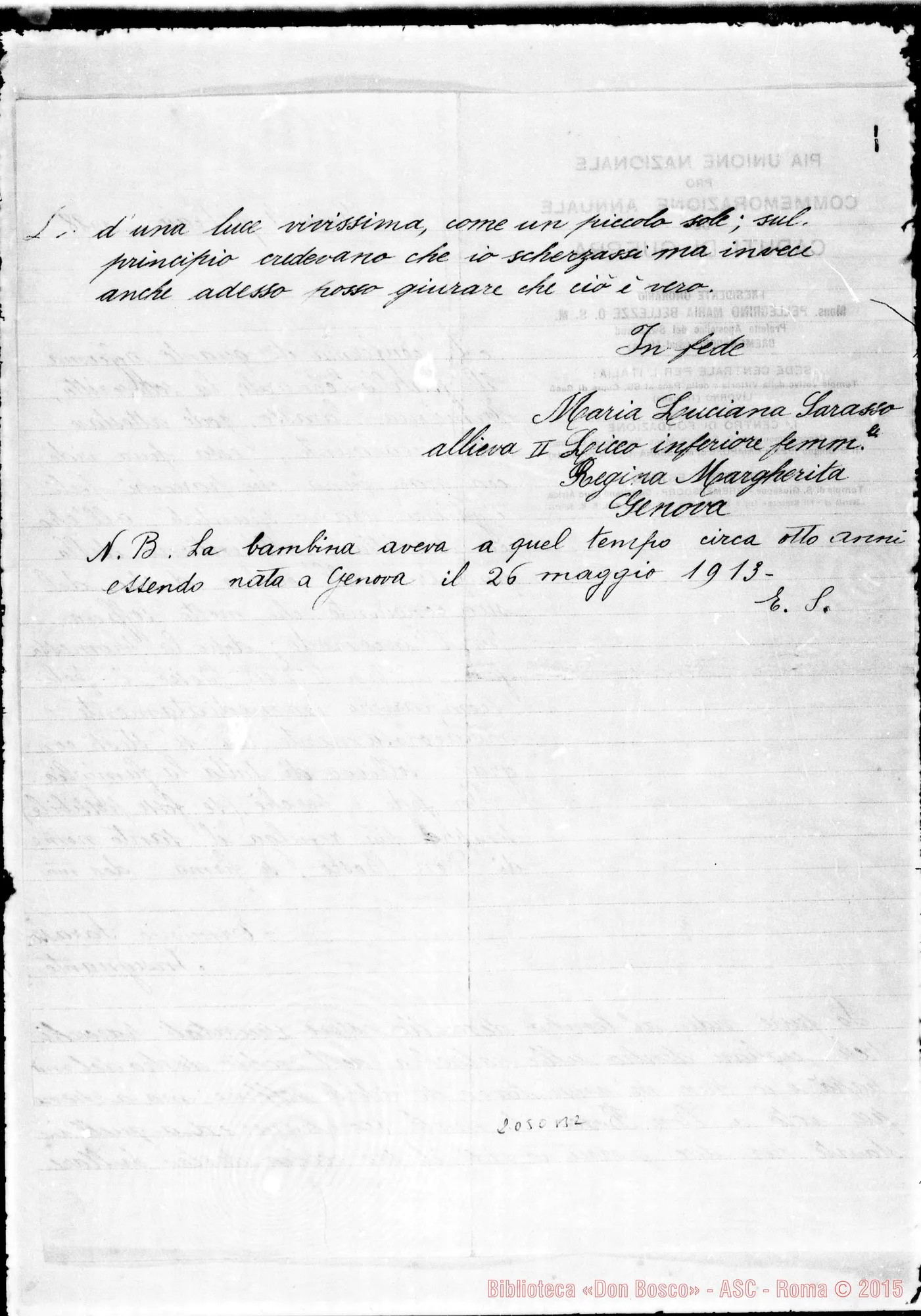 Fotogramma B 2 — Sarasso Leonardo: «Vener. Commissione… dei miracoli di D. Bosco»