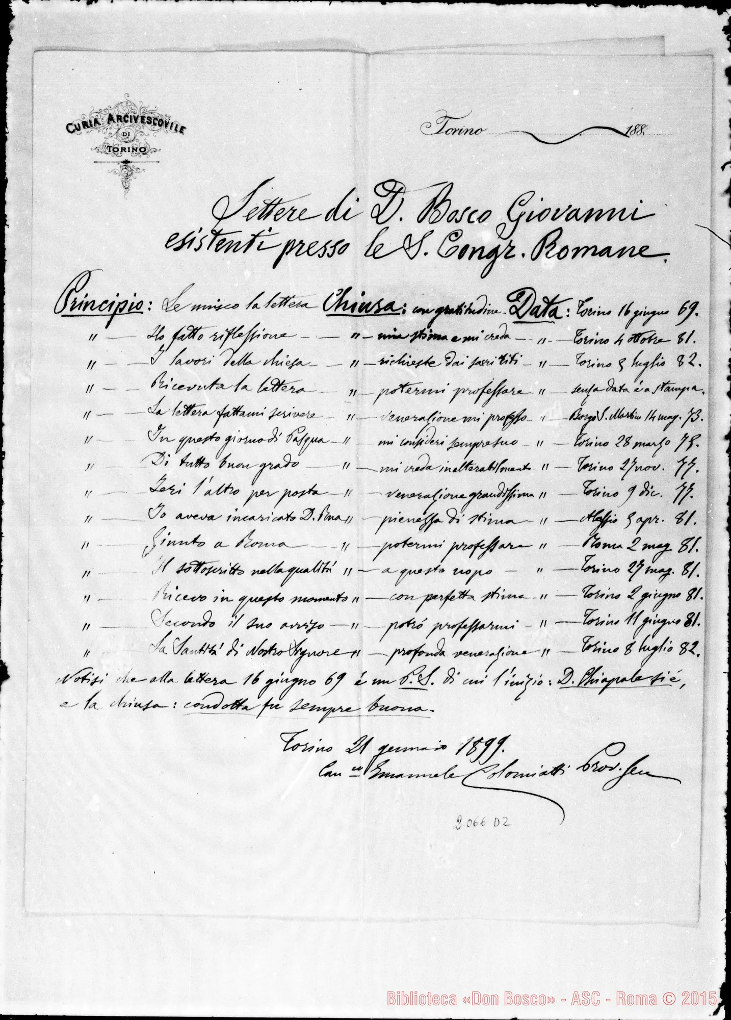 Fotogramma D 2 — Colomiatti: Relazione di lettere di D. Bosco presso la S. Congreg.
