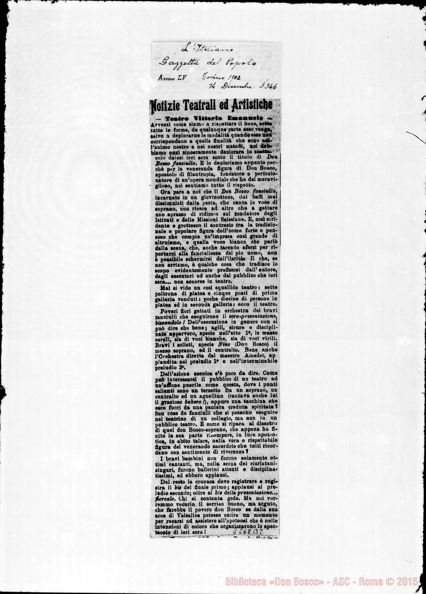 Fotogramma B 2 — Ritaglio del giornale «Gazzetta del Popolo»