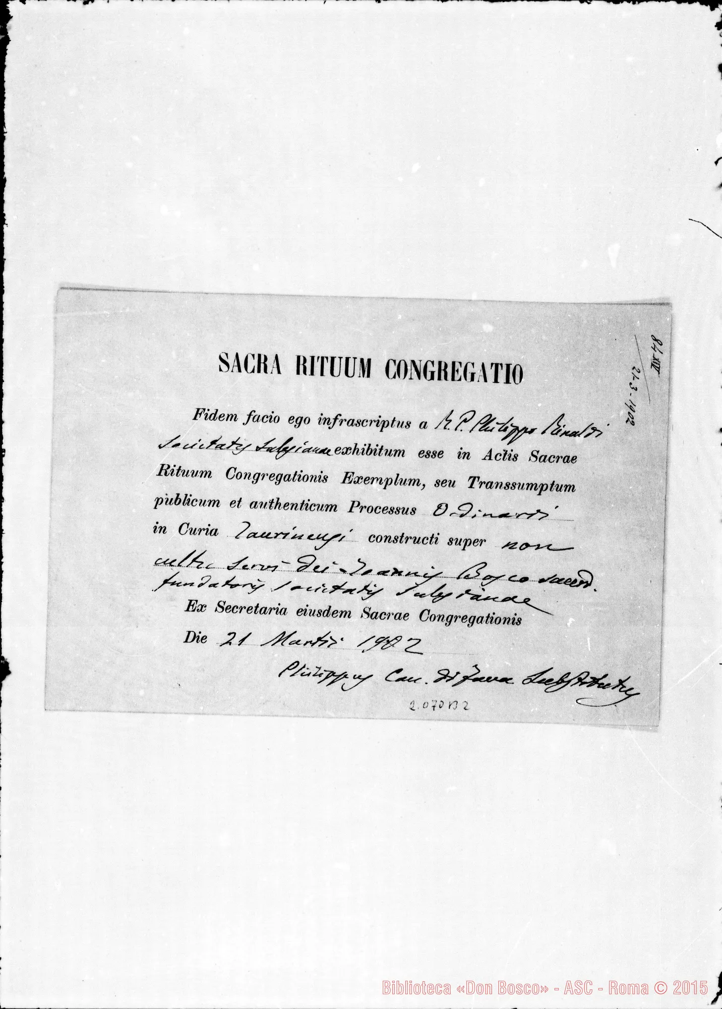 Fotogramma B 2 — Sacra Rituum Congr.: «Fidem facio…»