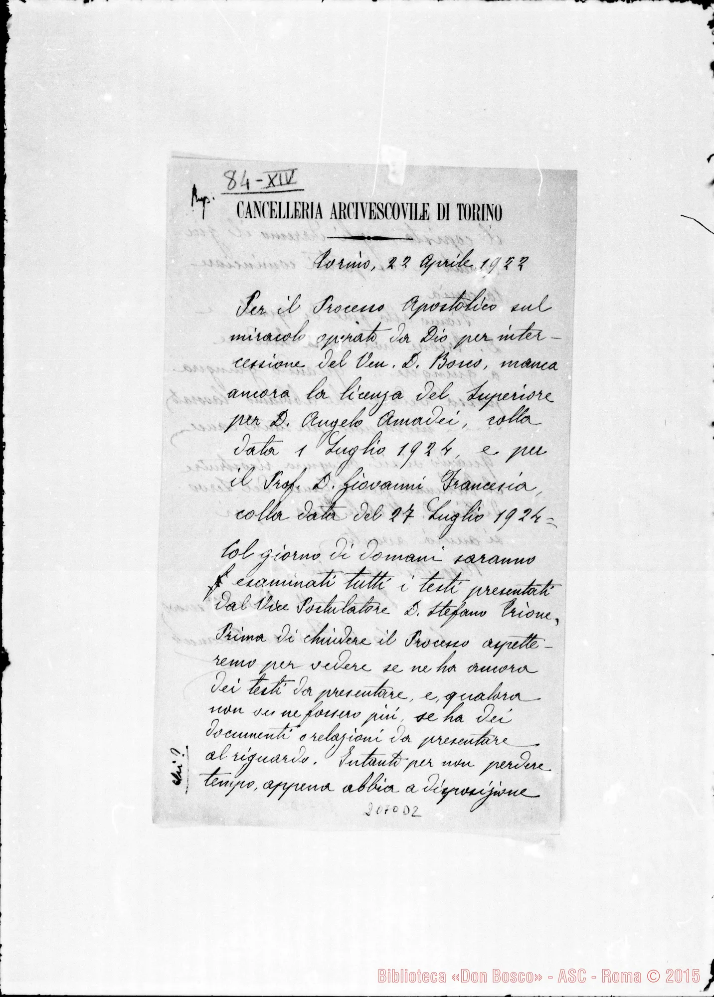 Fotogramma D 2 — Carlo Ferrerò (Cancelleria di Torino): «Per il Processo Apostolico…»