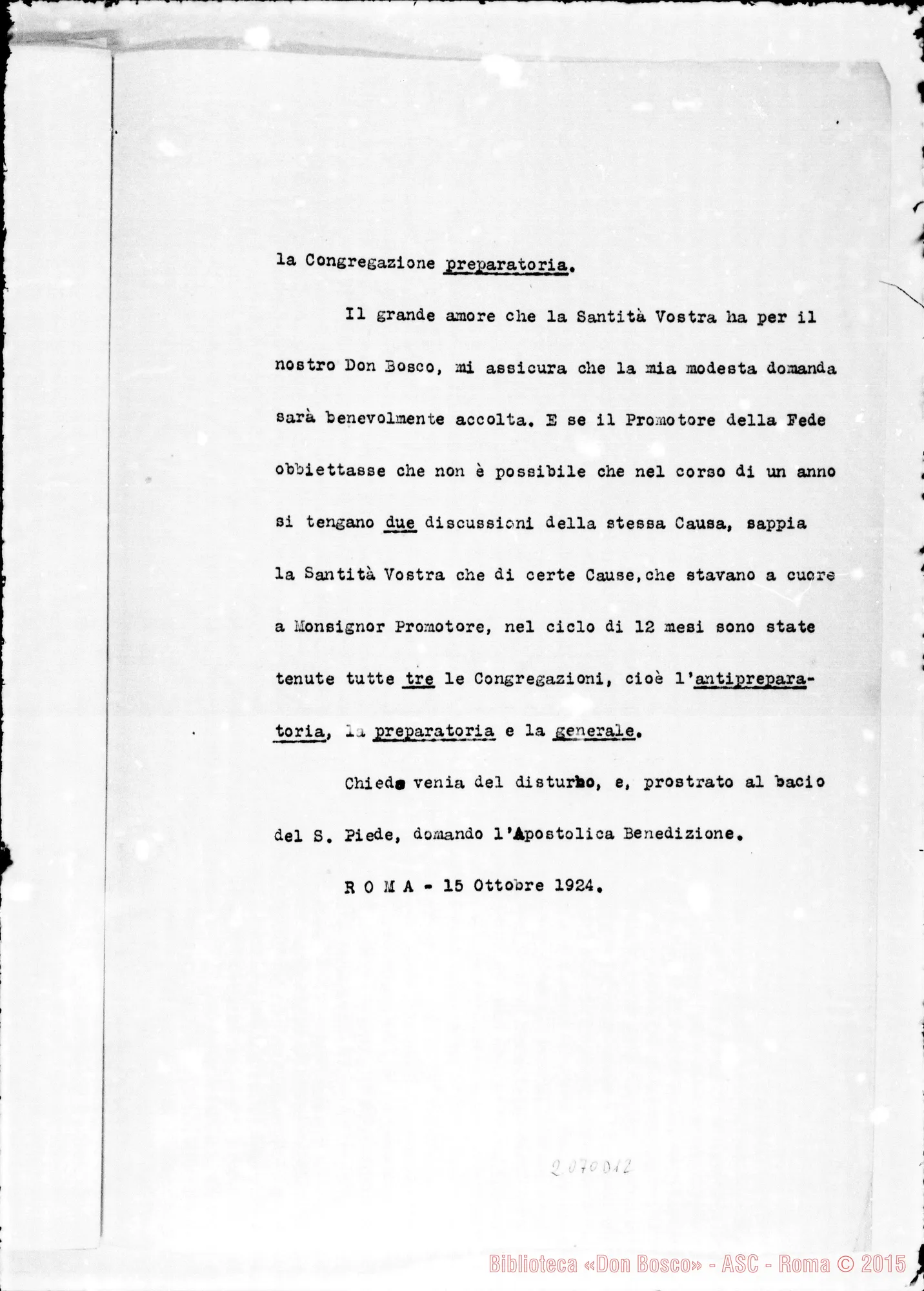 Fotogramma D 12 — Copia dattilogr. della ietterà A Santo Padre. Card. Salotti