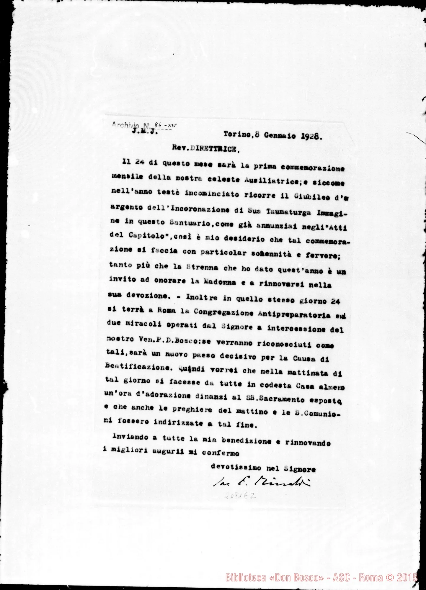 Fotogramma E 2 — Lettera circolare di D. Rinaldi: «Rev.da Direttrice». Copia dattil.
