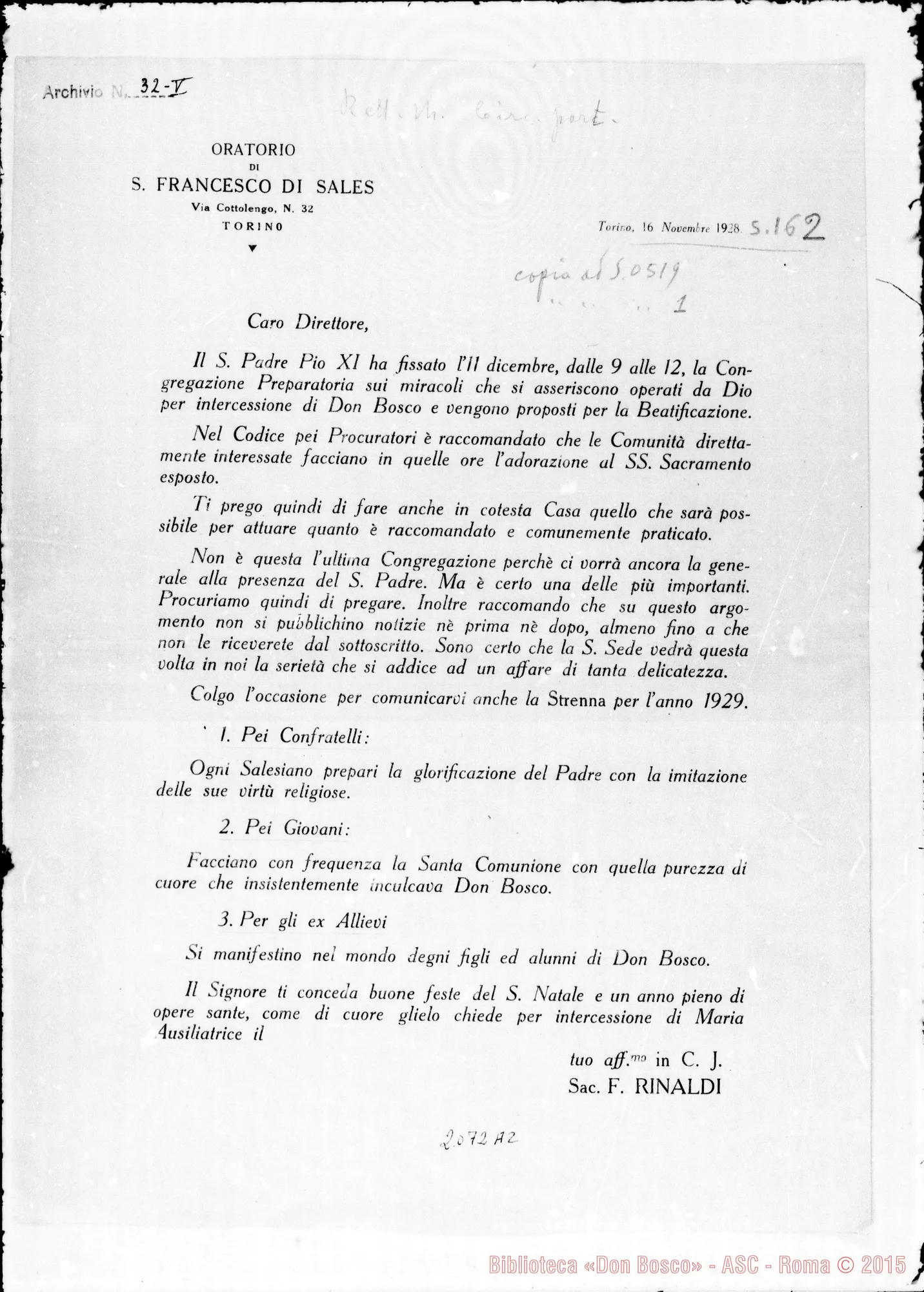 Fotogramma A 2 — D. Rinaldi-Caro Direttore. Lettera circolare. Stampato