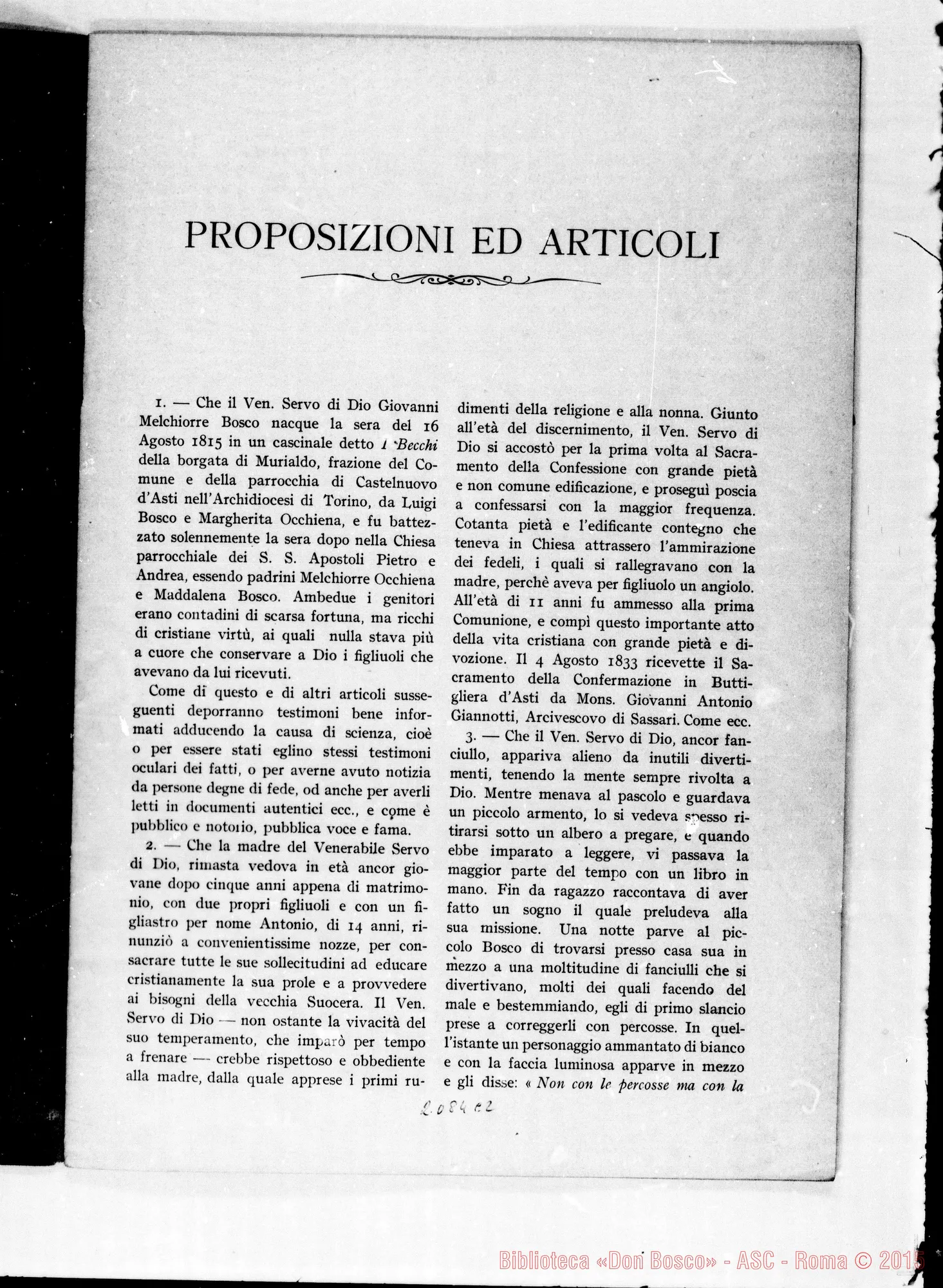 Fotogramma C 2 — Fascicolo stampato: Proposizioni E articoli su D. Bosco (117 art.)