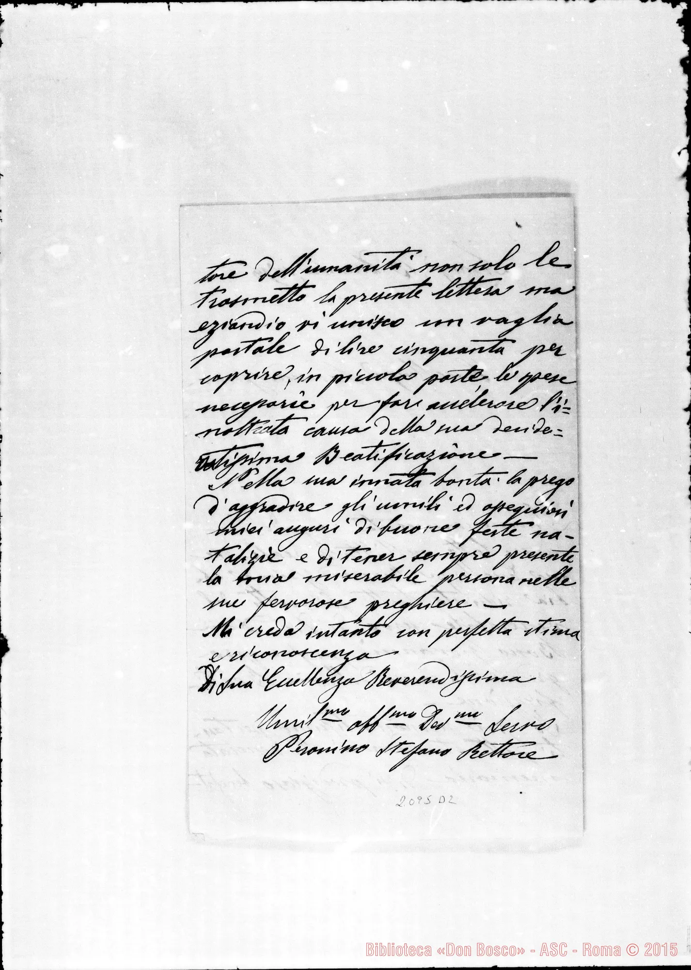 Fotogramma D 2 — D. Peronino Stefano-Eccellenza Rev.ma. Lettera originale