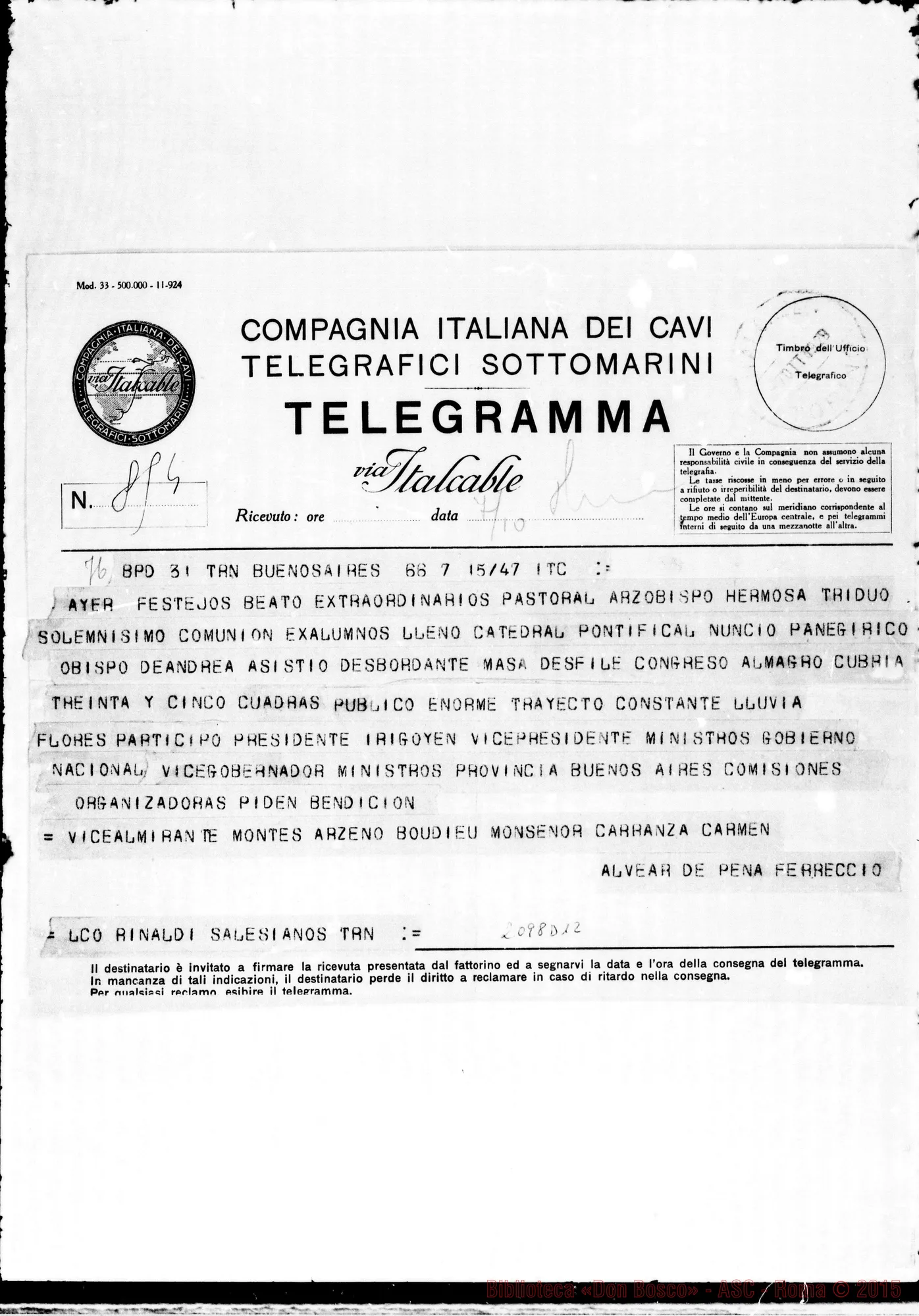 Fotogramma D 12 — Alvear de Pena Ferreccio-D. Rinaldi. Telegramma