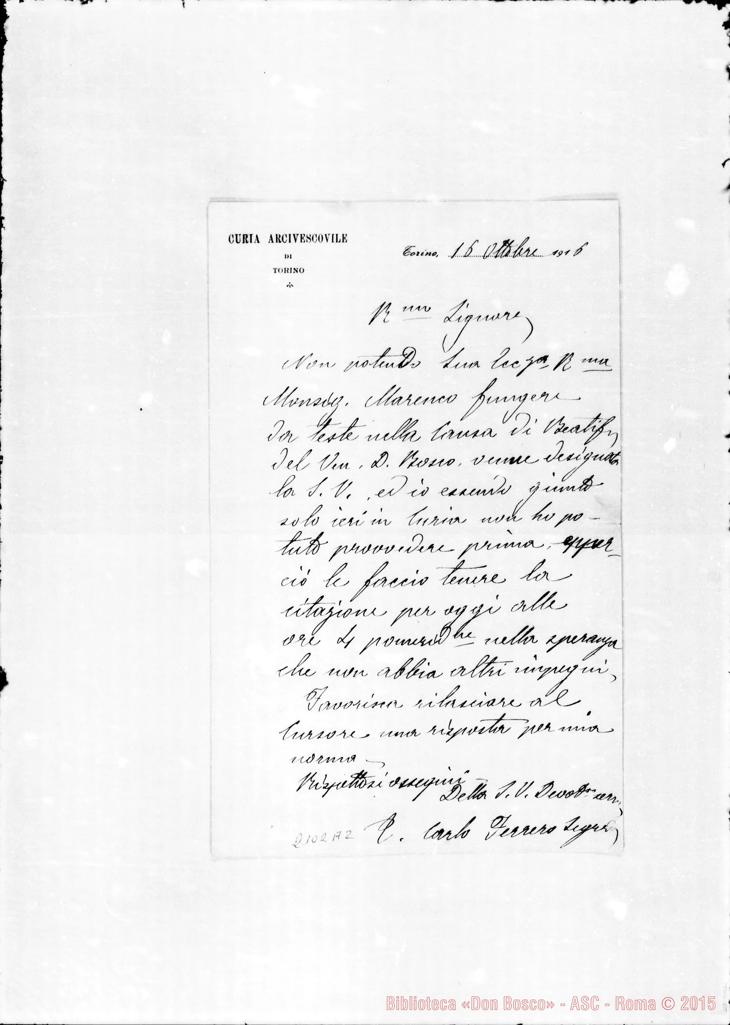 Fotogramma A 2 — Can. Carlo Ferrero-Rev.mo Sig.