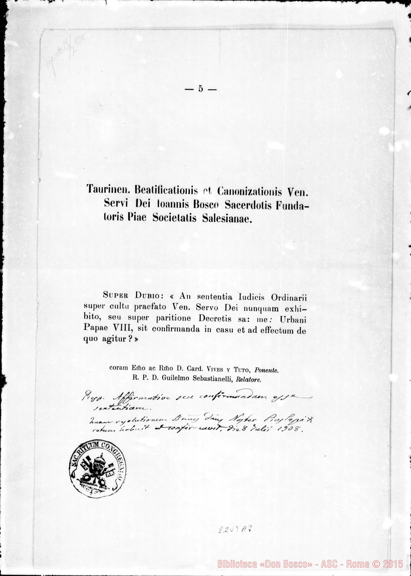 Fotogramma A 7 — Super dubio: «An sententia ludicis… super cultu…»