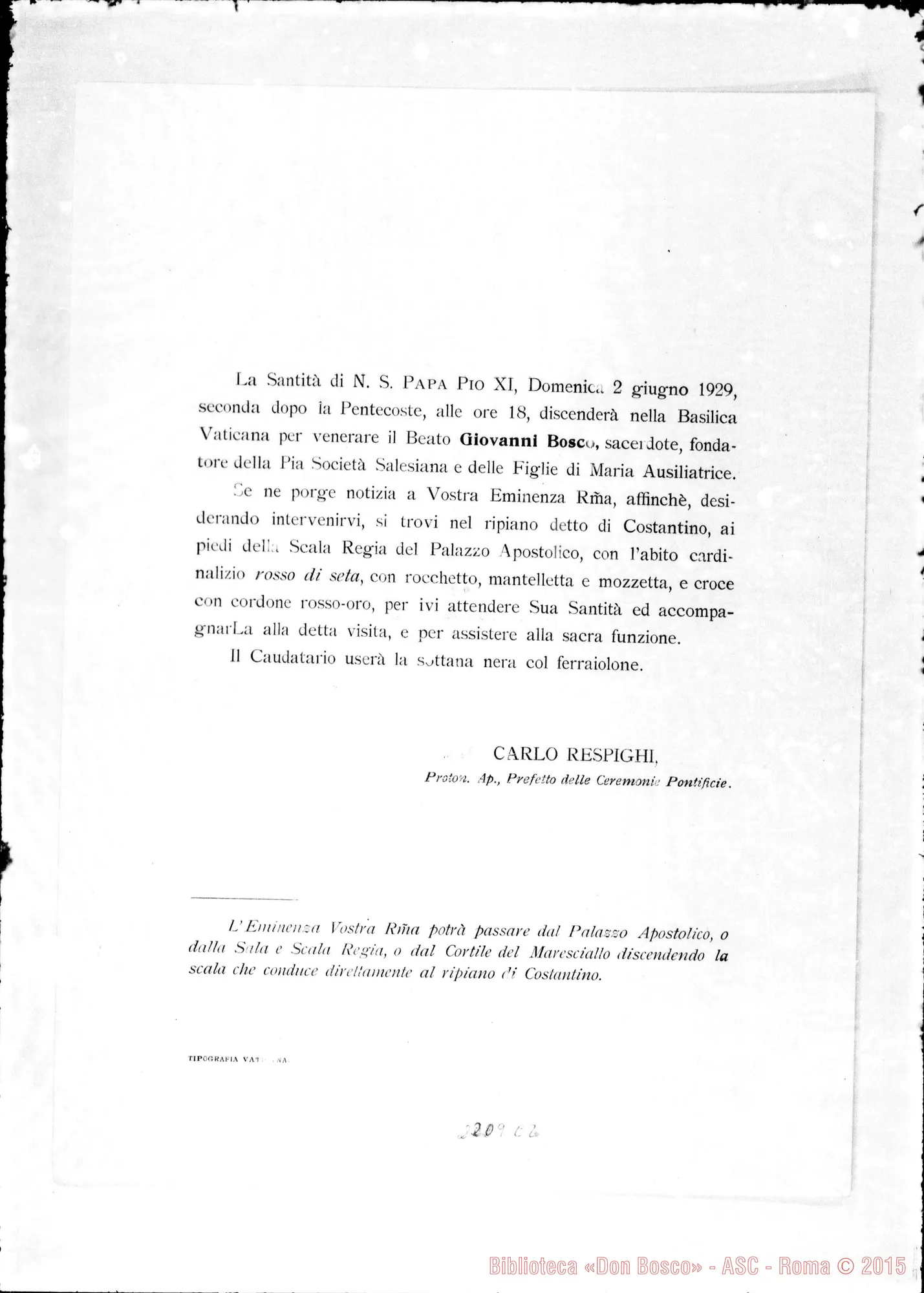 Fotogramma C 2 — Comunicazione: «La Santità di N.S. Papa Pio XI…»