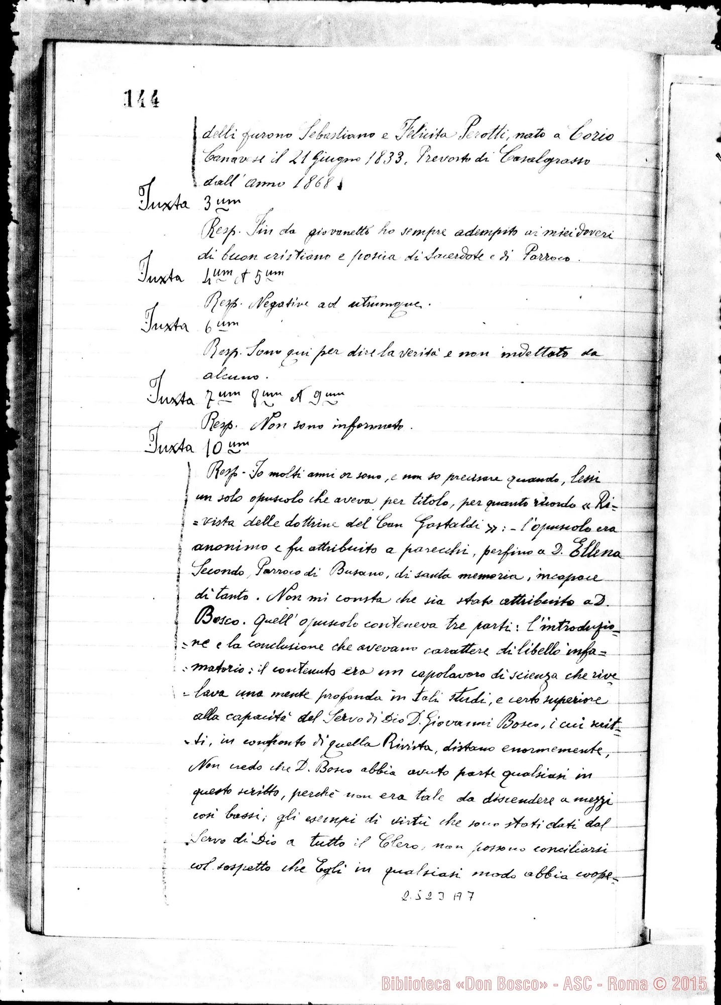 Fotogramma A 7 — Adjiciendus processui super virtutibus et miraculis in specie Venerabilis Servi Dei Joannis Bosco Sacerdotis Fundatoris Piae Societatis Salesianae.