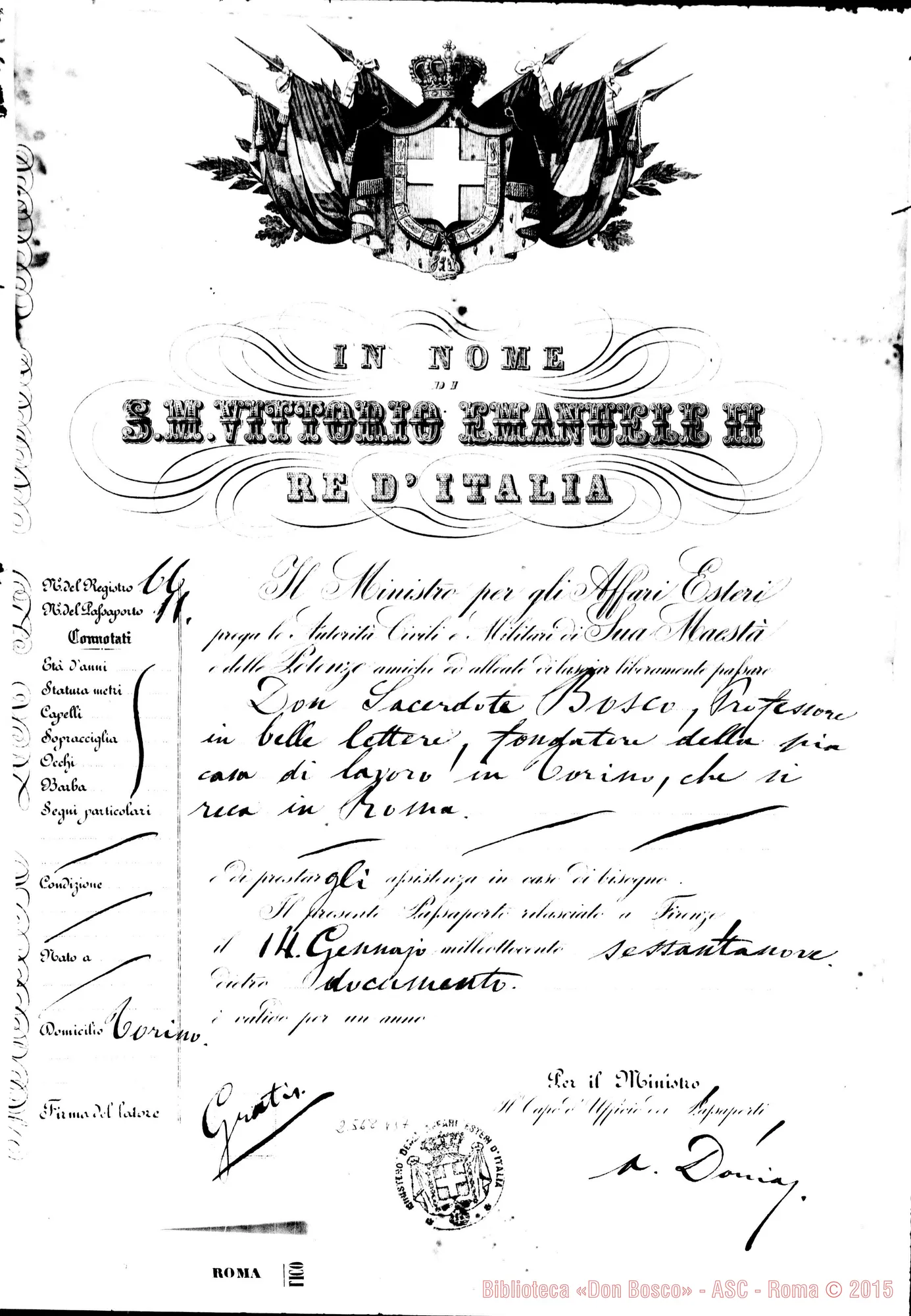 Fotogramma B 7 — Varia: Passaporto A nome di Don Bosco, rilasciato A Firenze, per recarsi «a Roma». Gratis valido per un anno. Firenze, 14-01-1869