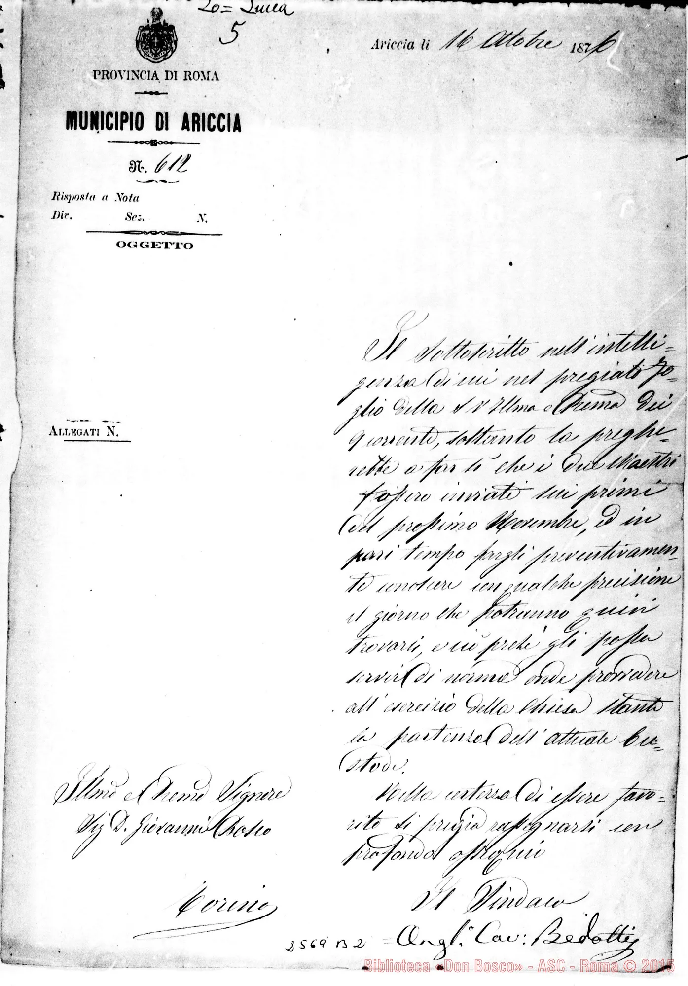 Fotogramma B 2 — Bedotti, Sindaco di Ariccia - D. Bosco. 16-10-1876