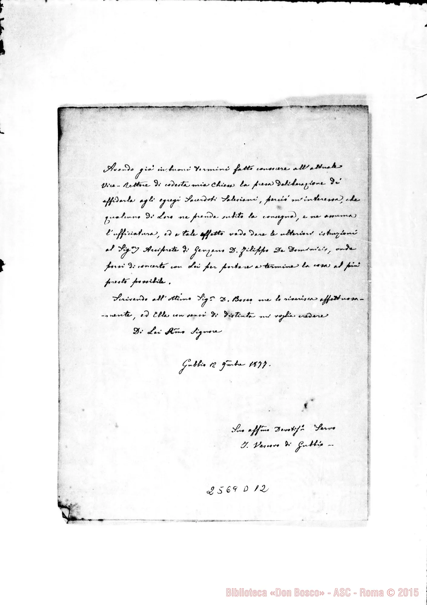 Fotogramma D 12 — Sannimbale Innocenzo, Vescovo di Gubbio - D. Monateri, 12-11-1877. Autogr. Rua
