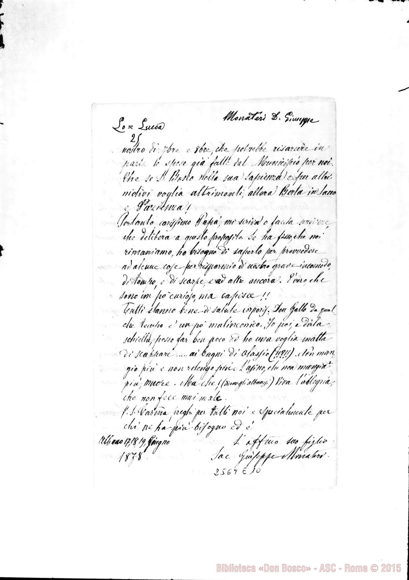 Fotogramma E 10 — Monateri G. - D. Bosco. Albano, 19-06-1878. Autogr. Bosco