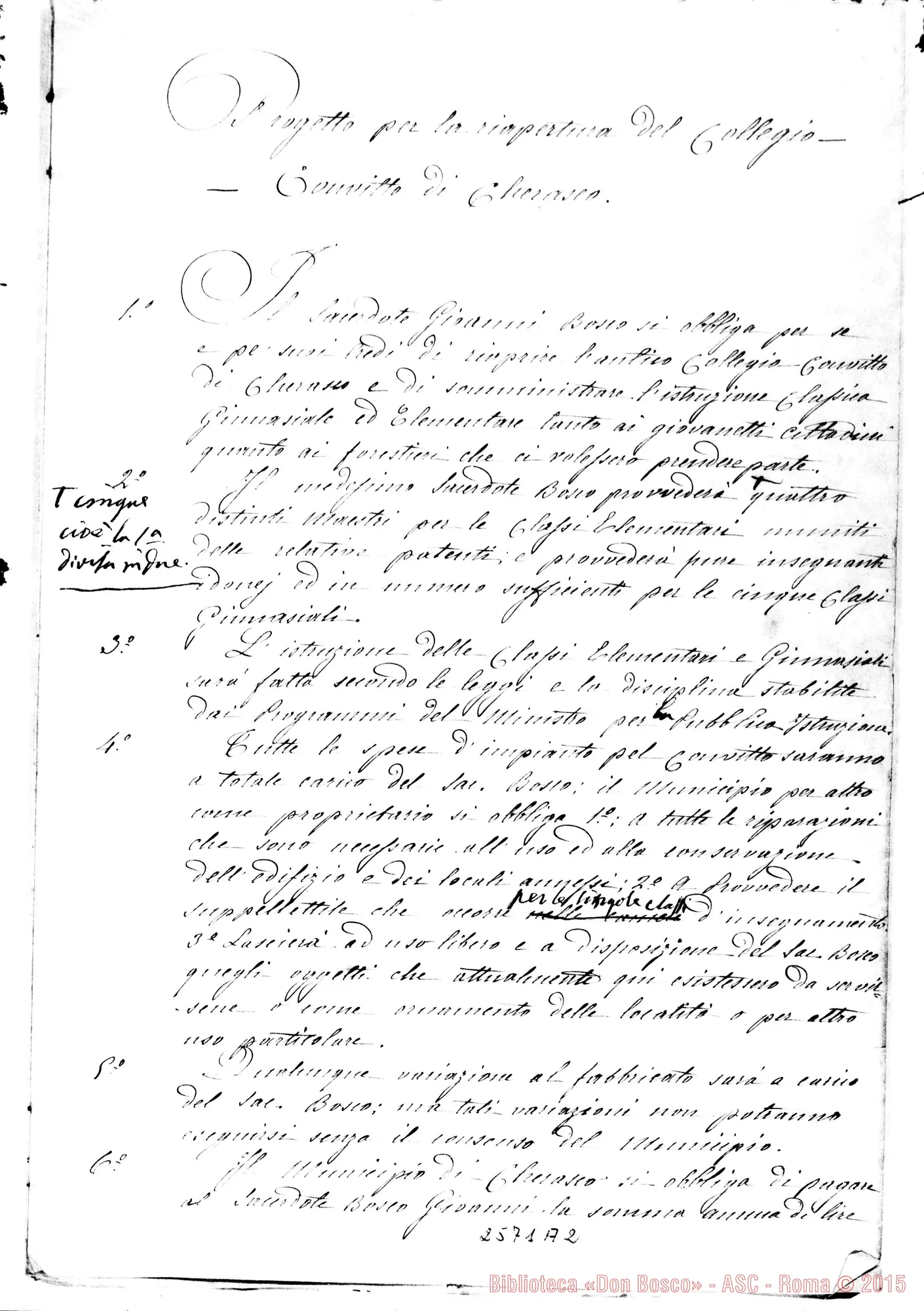 Fotogramma A 2 — Progetto per riapertura del Collegio di Cherasco. Ms. con correzioni autogr. Bosco