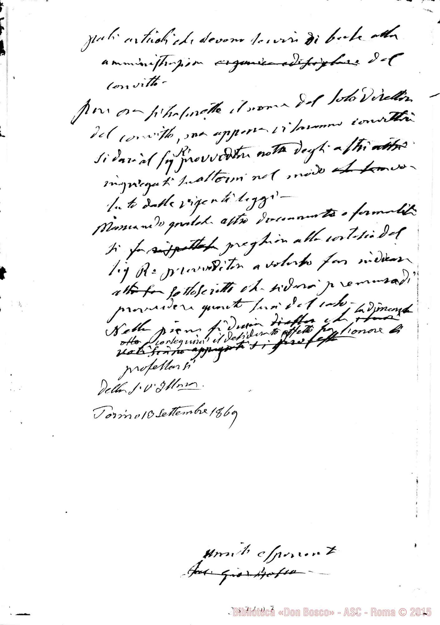 Fotogramma D 7 — D. Bosco - Ill.mo Sig. Provveditore. 13-09-1869. Ms. autogr. Bosco
