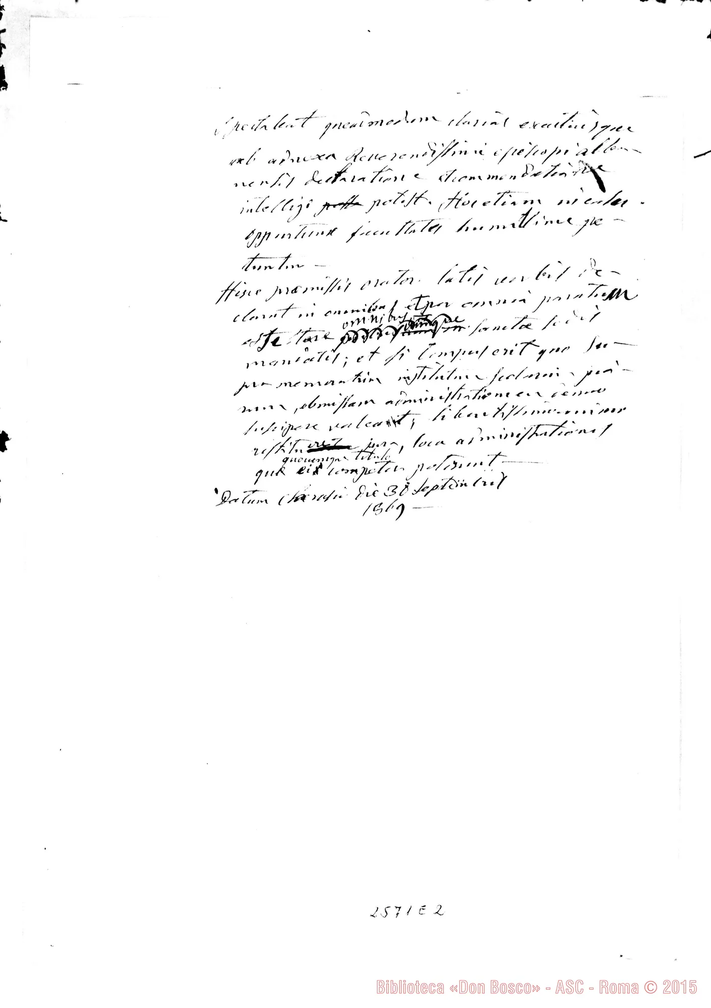 Fotogramma E 2 — D. Bosco - Beatissimo Padre. Minuta ms. autogr. Bosco, 30-09-1869. Autogr. Rua