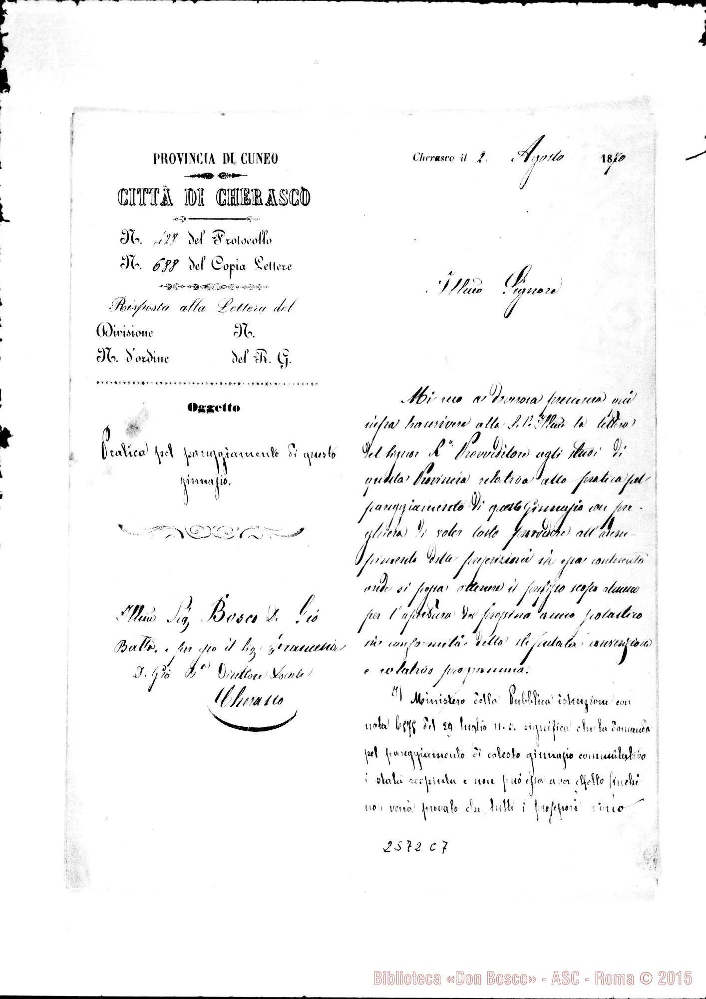 Fotogramma C 7 — Assessore in ufficio - Francesia. Cherasco, 2-08-1870. Autogr. Rua