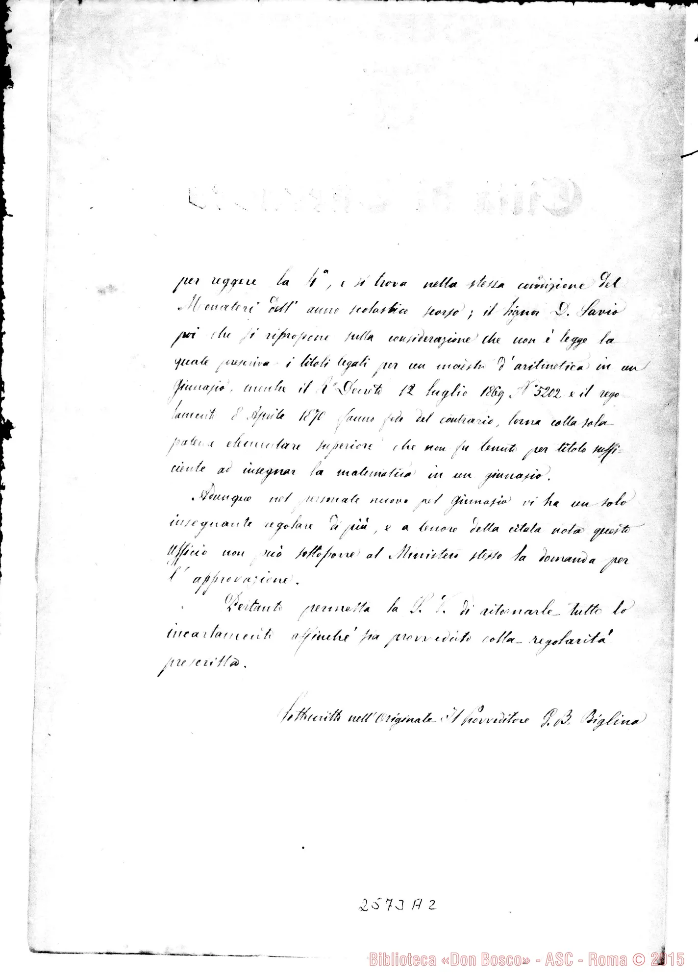 Fotogramma A 2 — Provveditori agli studi - Sindaco Cherasco. Copia. 12-12-1870