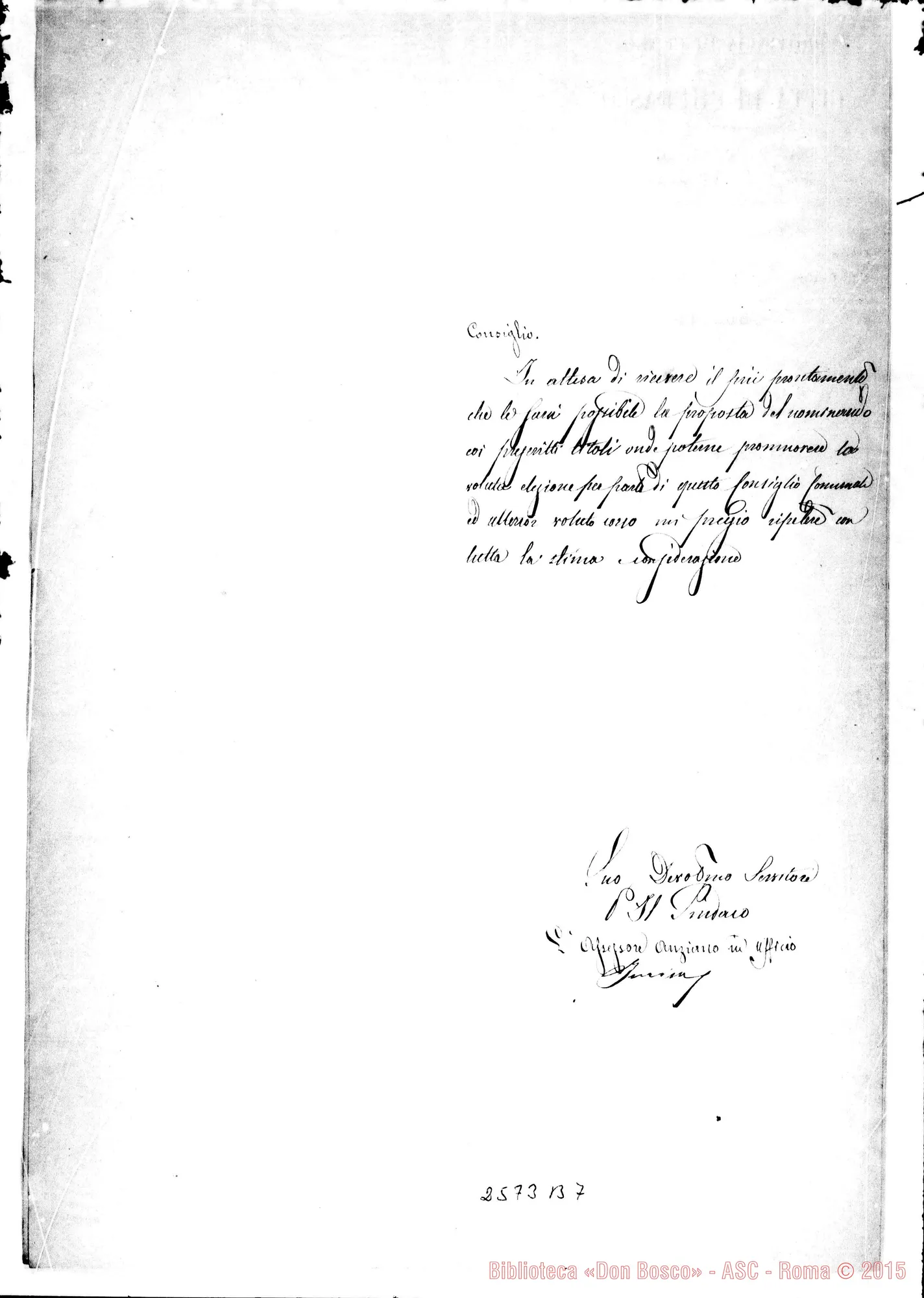 Fotogramma B 7 — Assessore Incisa - Francesia. Cherasco, 17-02-1871. Autogr. Rua