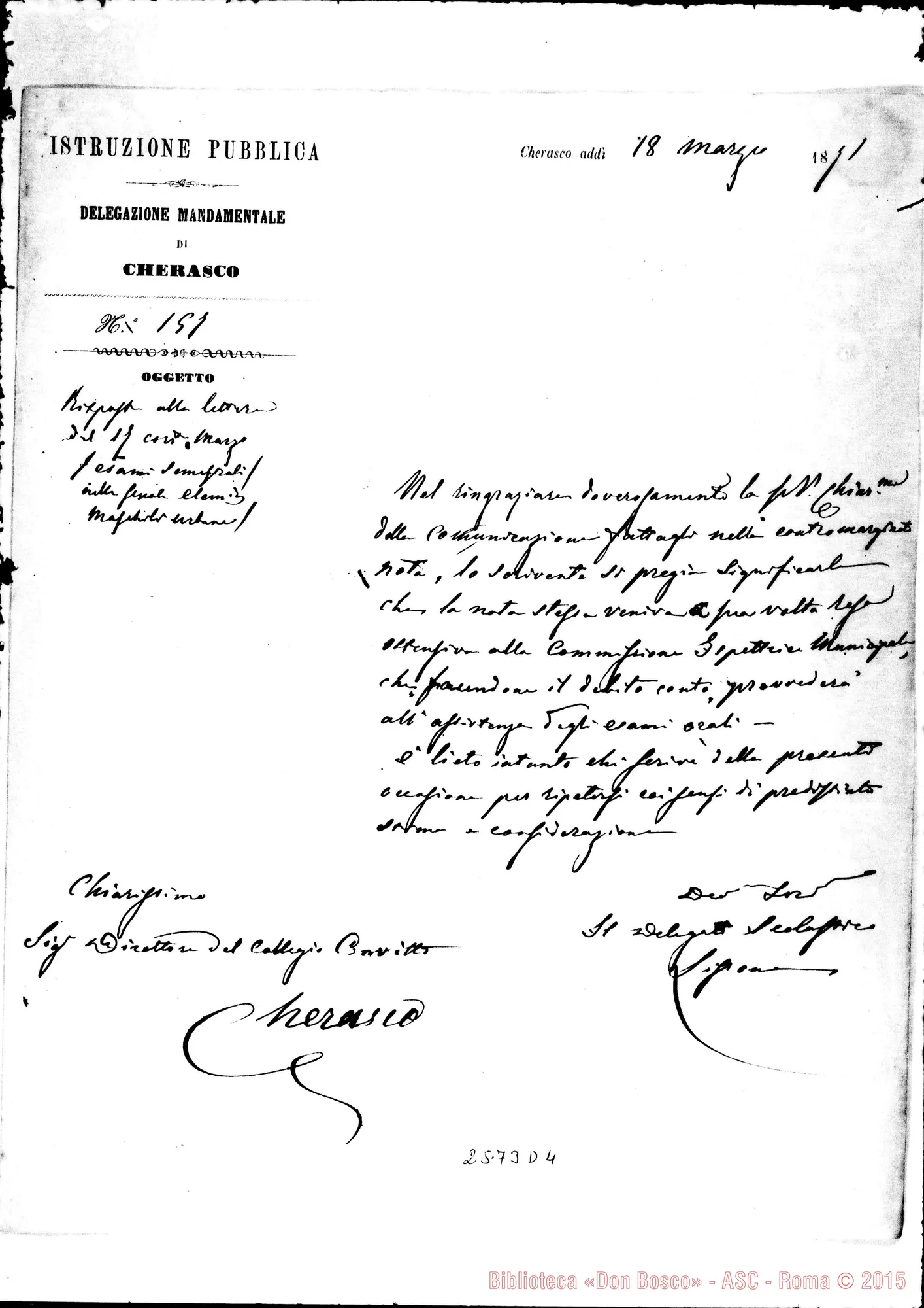 Fotogramma D 4 — Delegato Scolastico - Direttore. Cherasco, 18-03-1871. Autogr. Rua