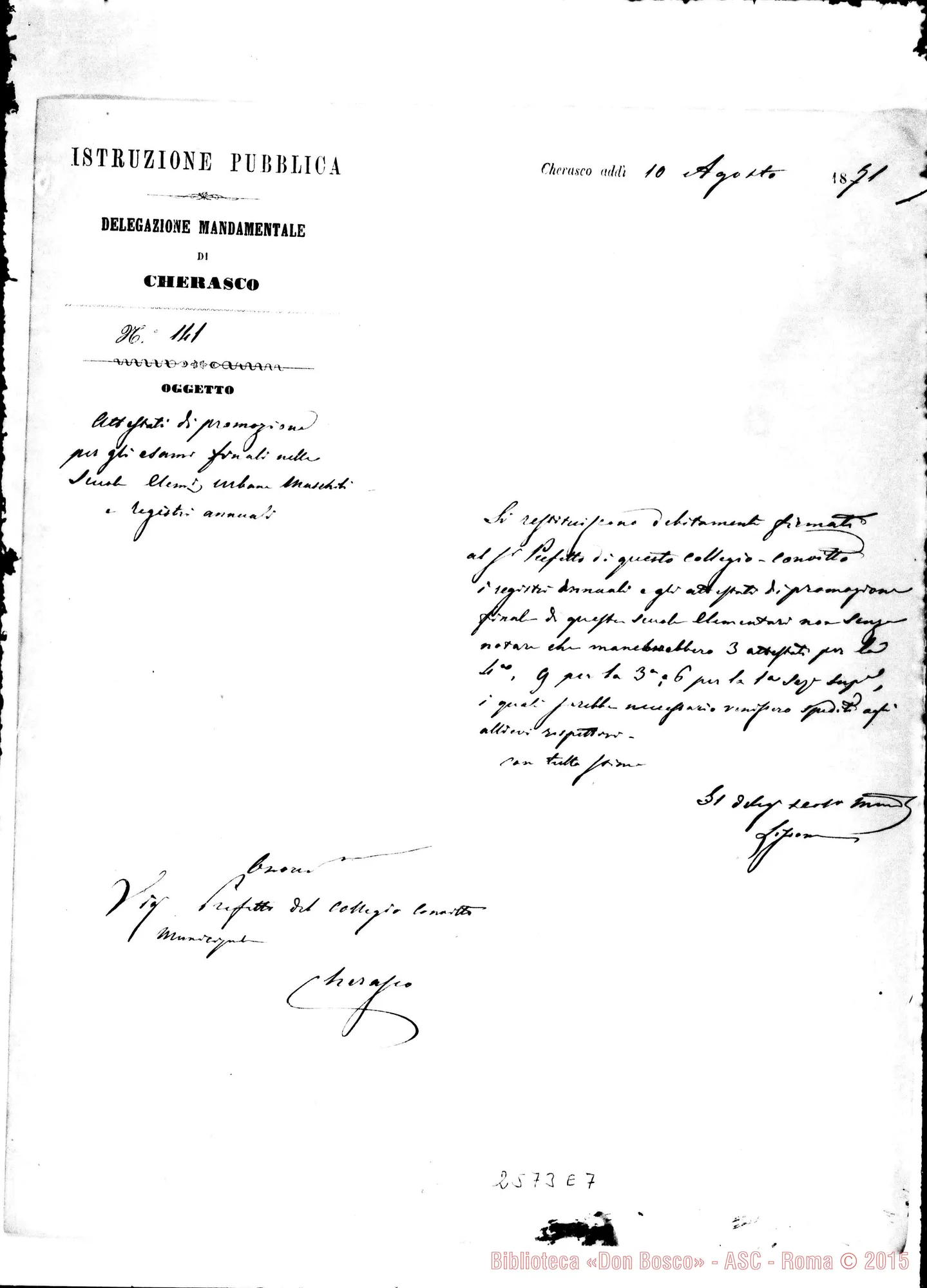 Fotogramma E 7 — Delegato scolastico - Prefetto del convitto. Cherasco, 10-08-1871. Autogr. Rua