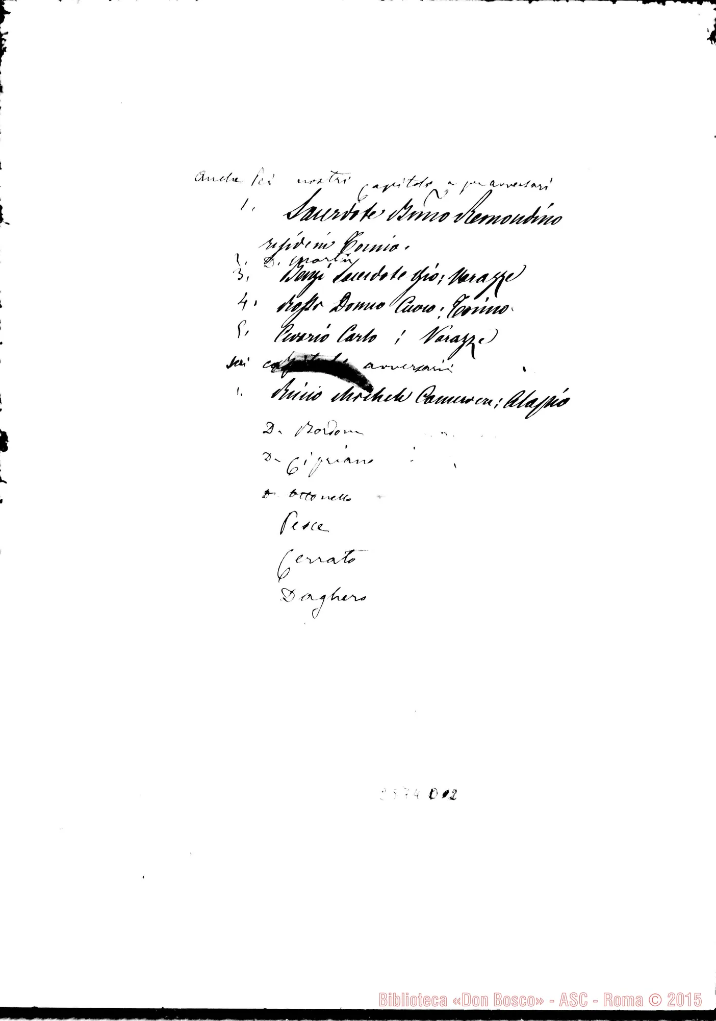 Fotogramma D 2 — Appunti. Alcuni nomi scritti da D. Rua