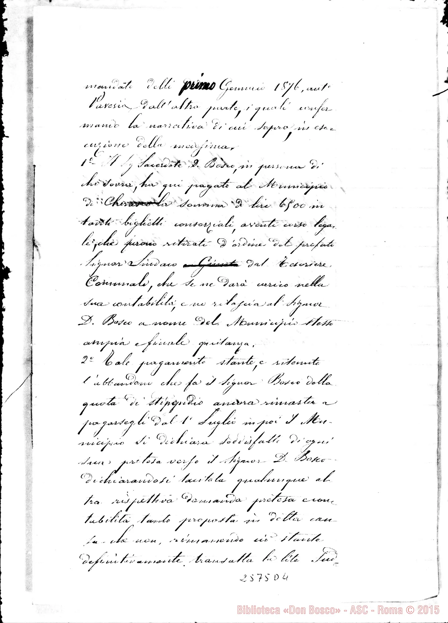 Fotogramma D 4 — Il Municipio sulla convenzione con D. Bosco. Torino, 14-08-1878