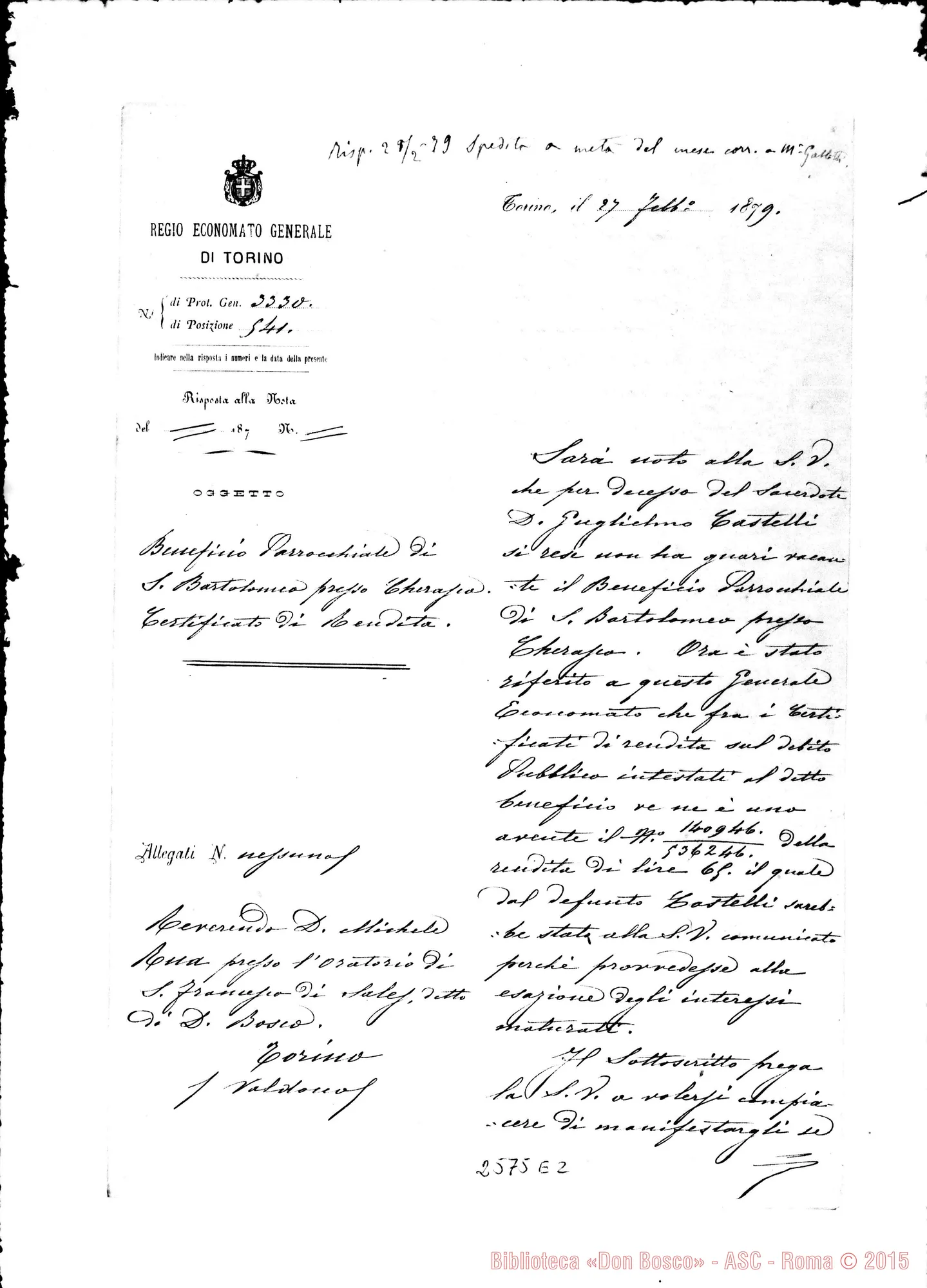 Fotogramma E 2 — Realis, Economo Generale - Rua. Torino, 27-02-1879. Autogr. Rua